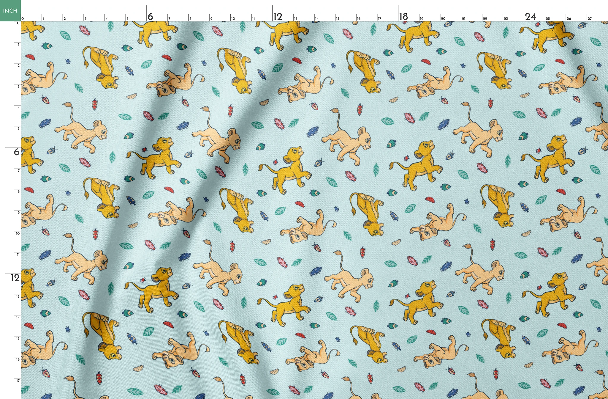Lion cubs playing on light blue background with colorful leaves and plant elements scattered throughout springs fatquarter mockup
