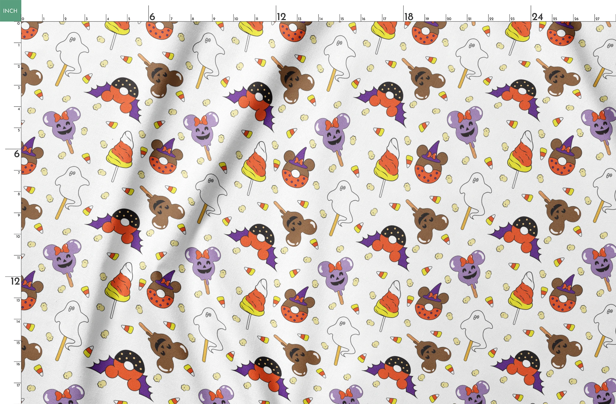 Disney Halloween themed pattern with candy lollipops, ghost, bats, and candy corn springs fatquarter mockup