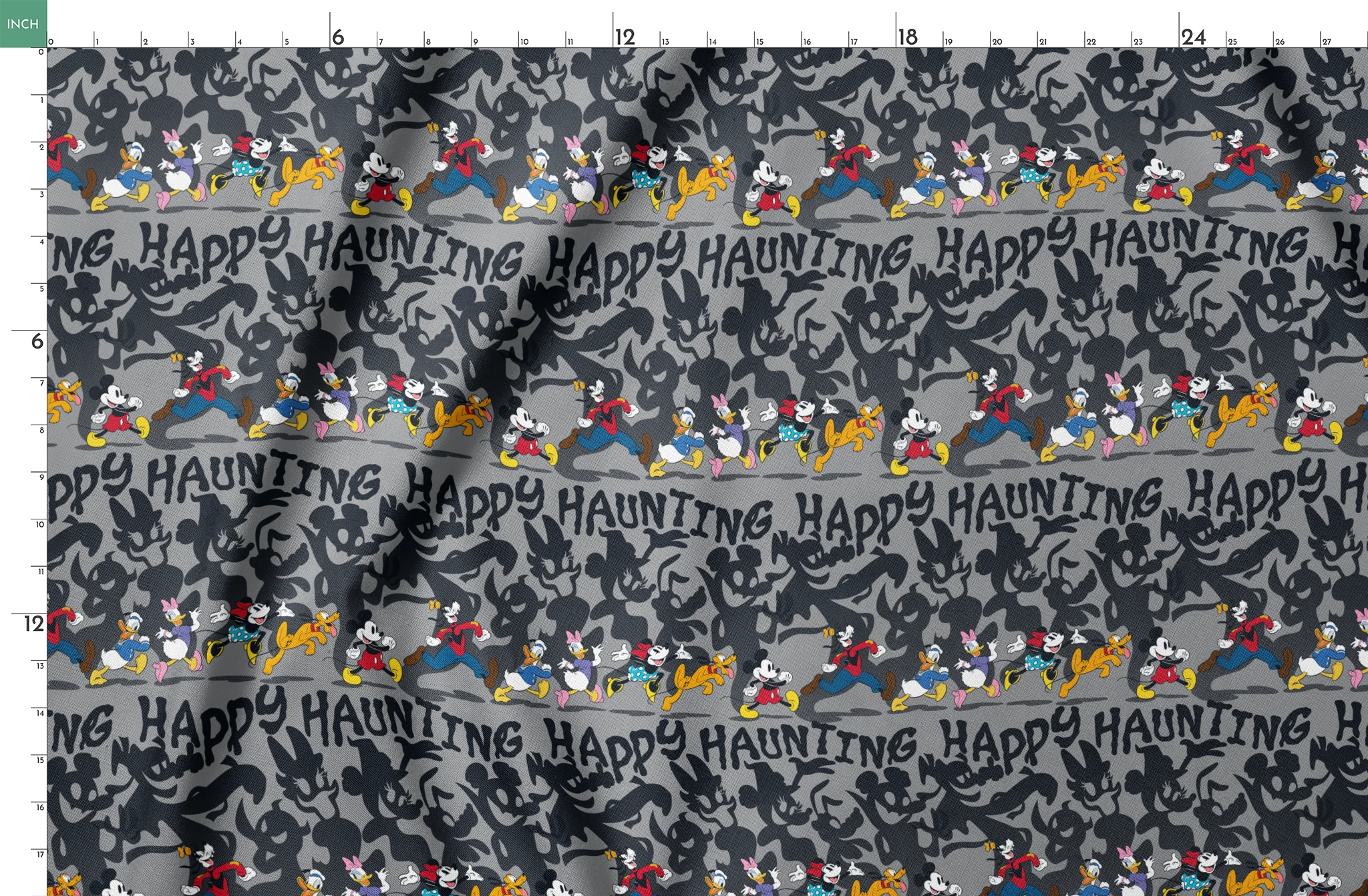 Classic Disney characters on dark gray background with "Happy Haunting" text, Mickey, Donald, and friends in Halloween-themed poses. springs fatquarter mockup