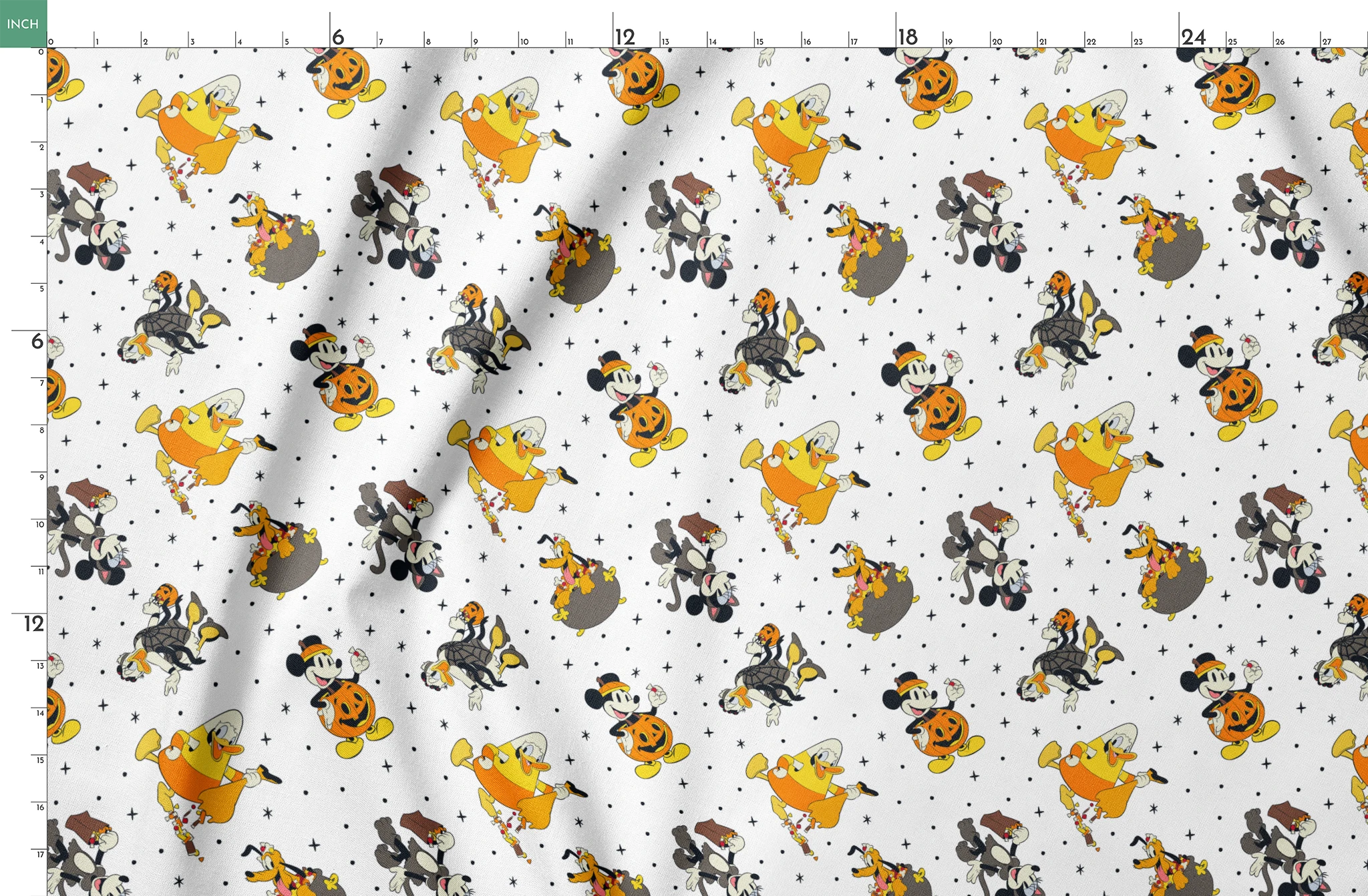Disney characters in Halloween costumes on white background with stars - Mickey, Pluto, and friends in festive attire springs fatquarter mockup
