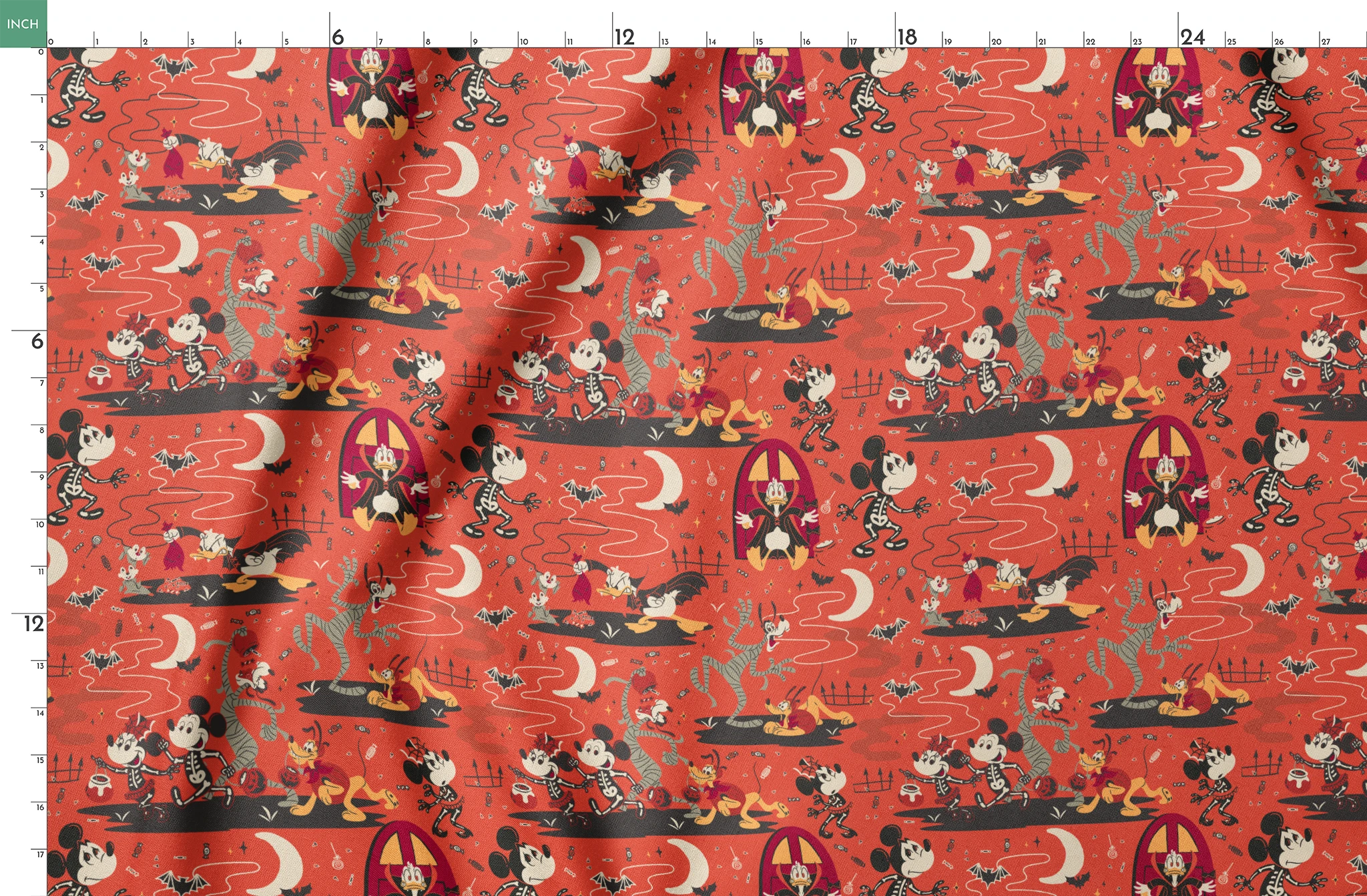 Halloween-themed Disney pattern with Mickey, Minnie, Donald in skeleton costumes on orange background with bats and moons springs fatquarter mockup
