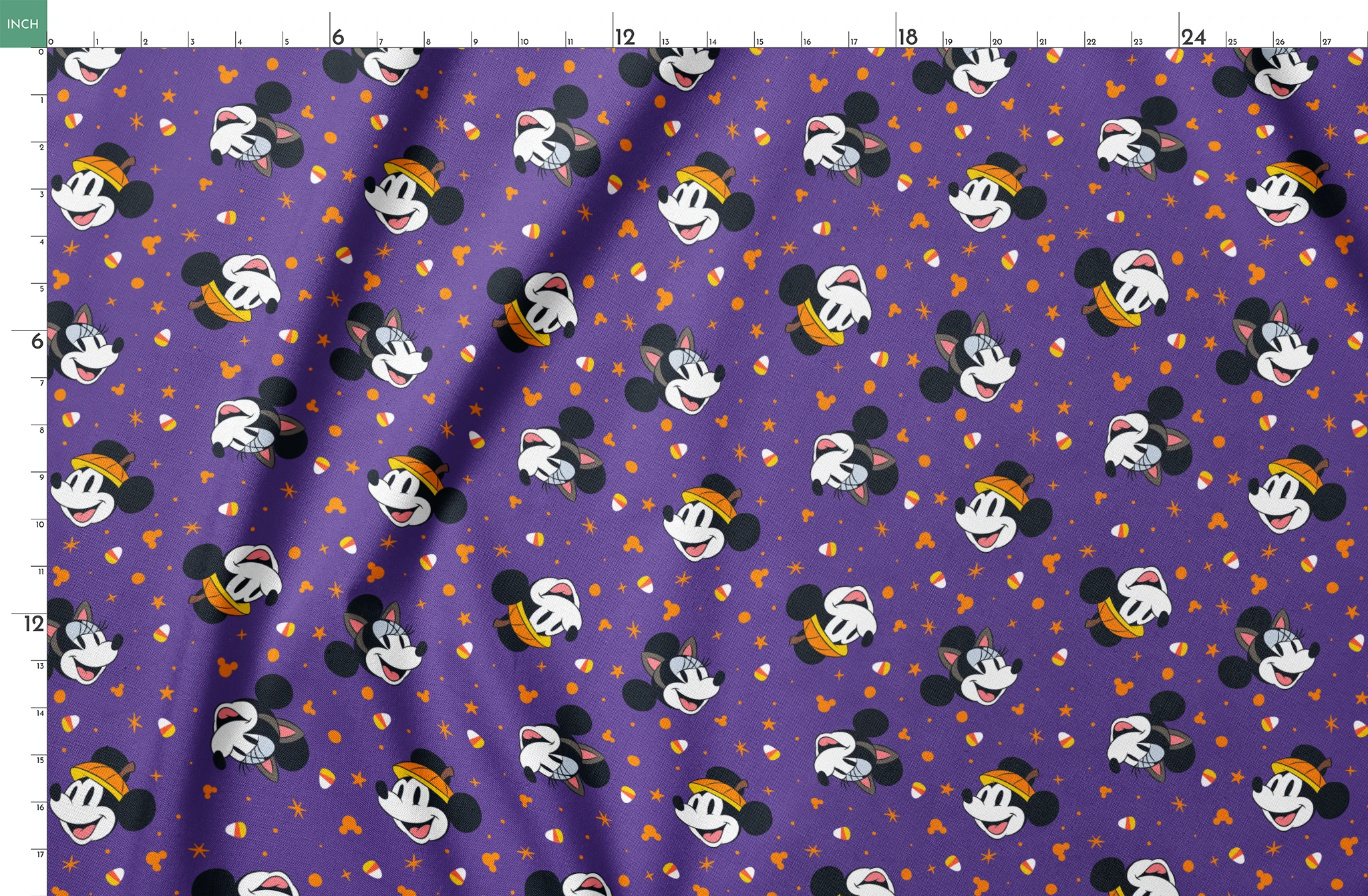 Mickey Mouse Halloween pattern with candy corn and stars on purple background springs fatquarter mockup