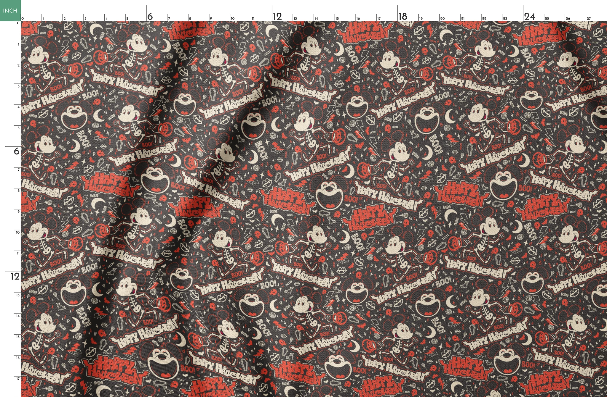 Mickey Mouse Halloween pattern with bats, pumpkins, and "Happy Halloween" text on dark background springs fatquarter mockup