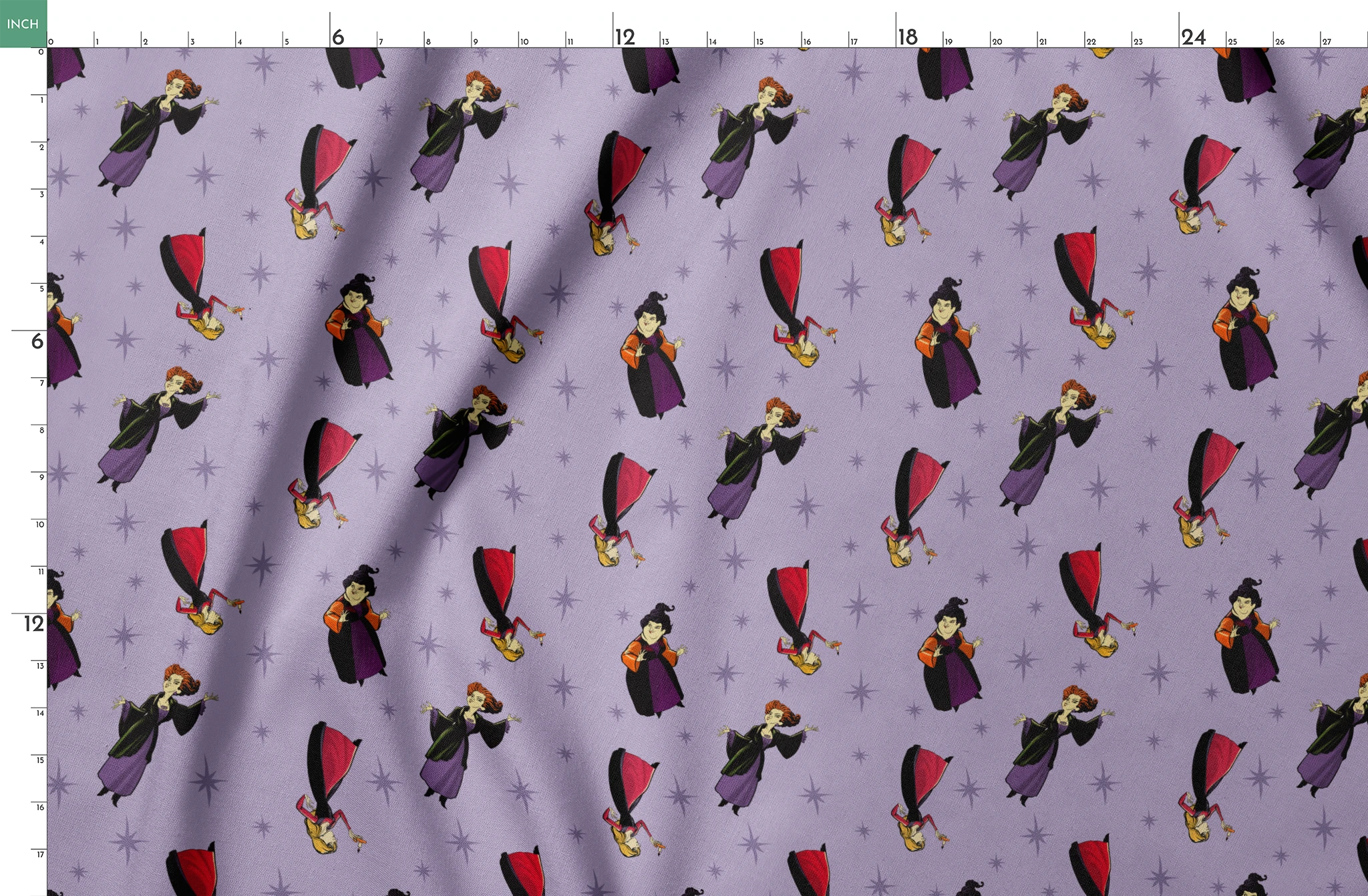 Purple background with cartoon characters in flowing capes and dresses with stars pattern, repeating decorative design springs fatquarter mockup
