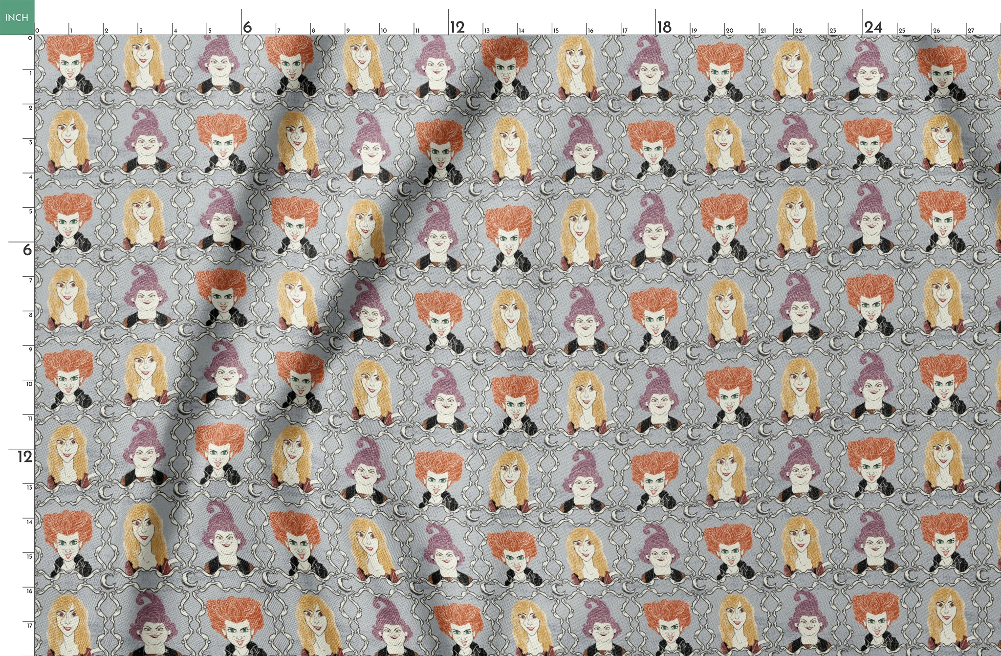 Illustrated portraits of fantasy characters with wild orange, blonde, and purple hair on gray patterned background springs fatquarter mockup