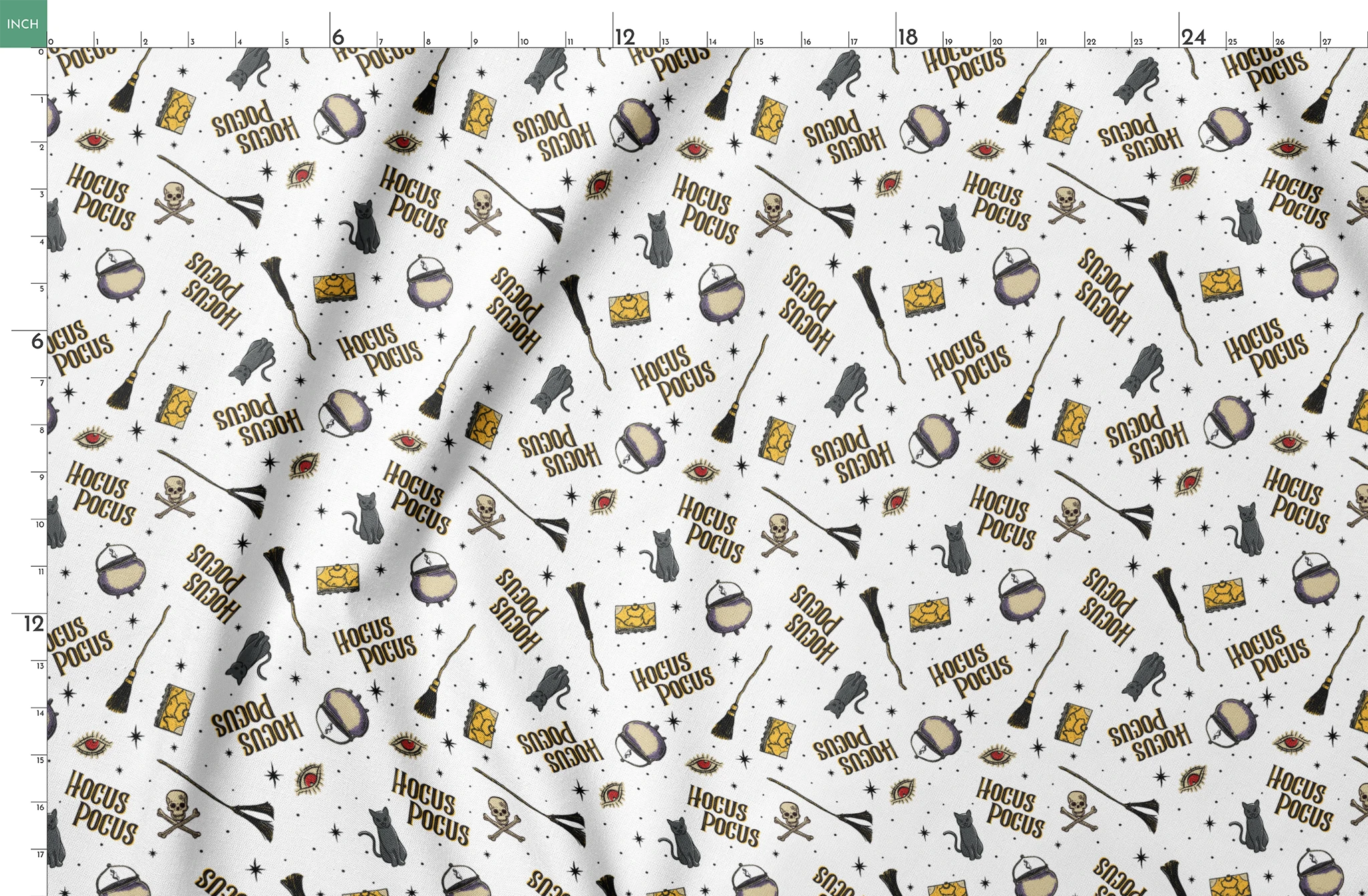 Repeating pattern of witchcraft items with "Hocus Pocus" text, cauldrons, brooms, and mystical symbols on white background springs fatquarter mockup