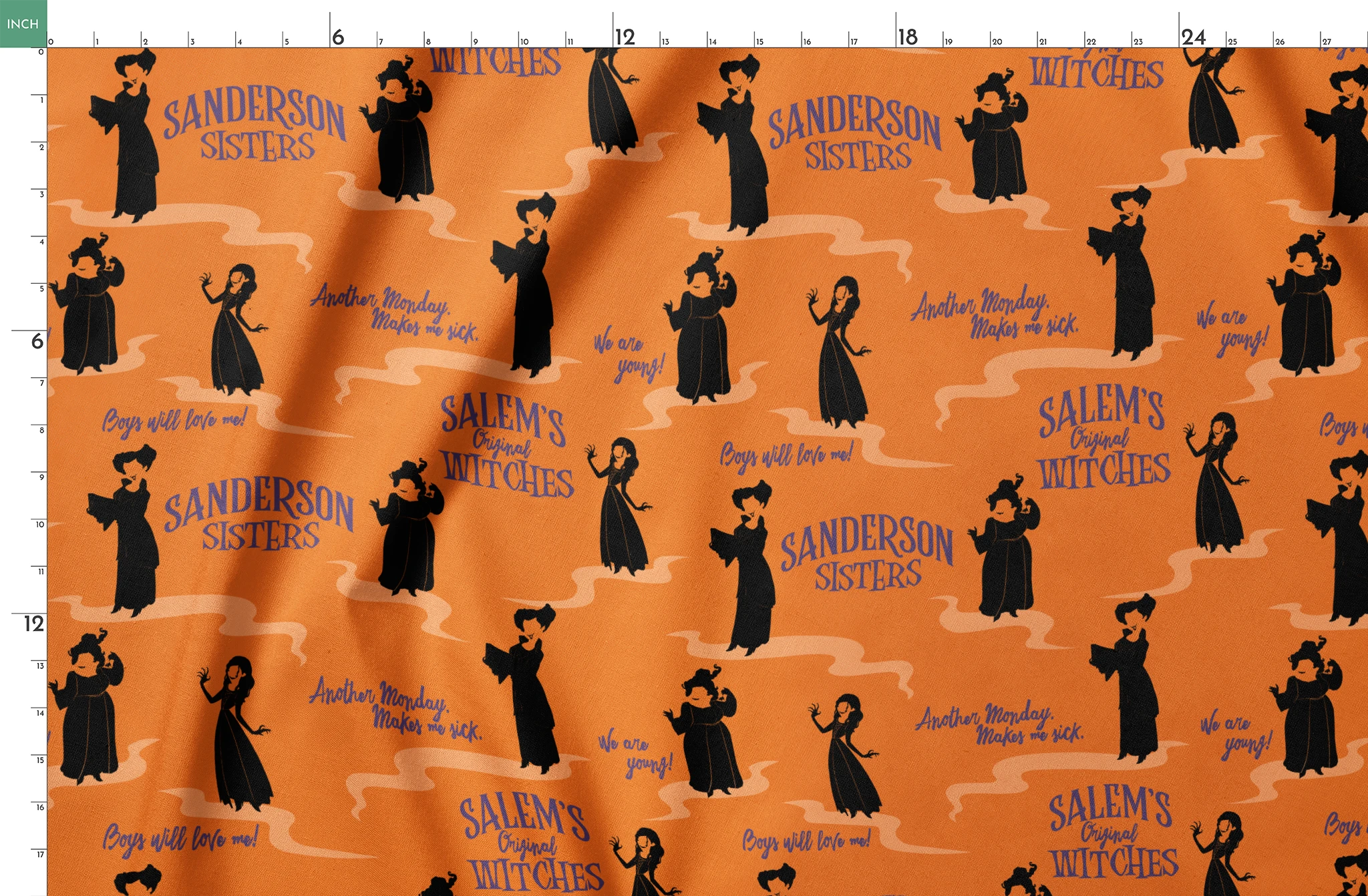 Orange background with silhouettes of witches in black robes and text "Sanderson Sisters" and "Salem's" in blue lettering springs fatquarter mockup