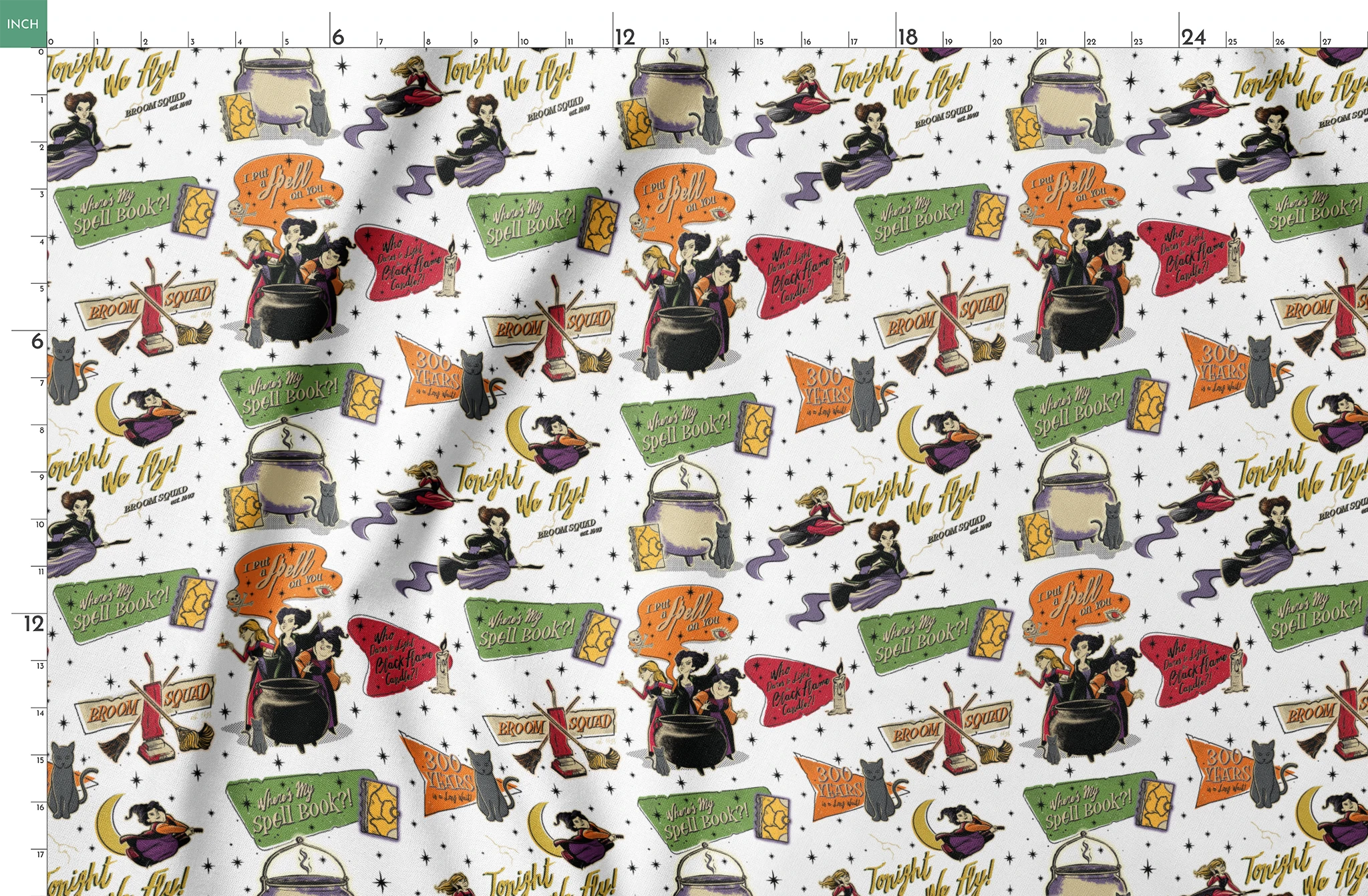 Halloween witch-themed pattern with spell books, cauldrons, brooms, stars, cats, potions and magical sayings on white background springs fatquarter mockup
