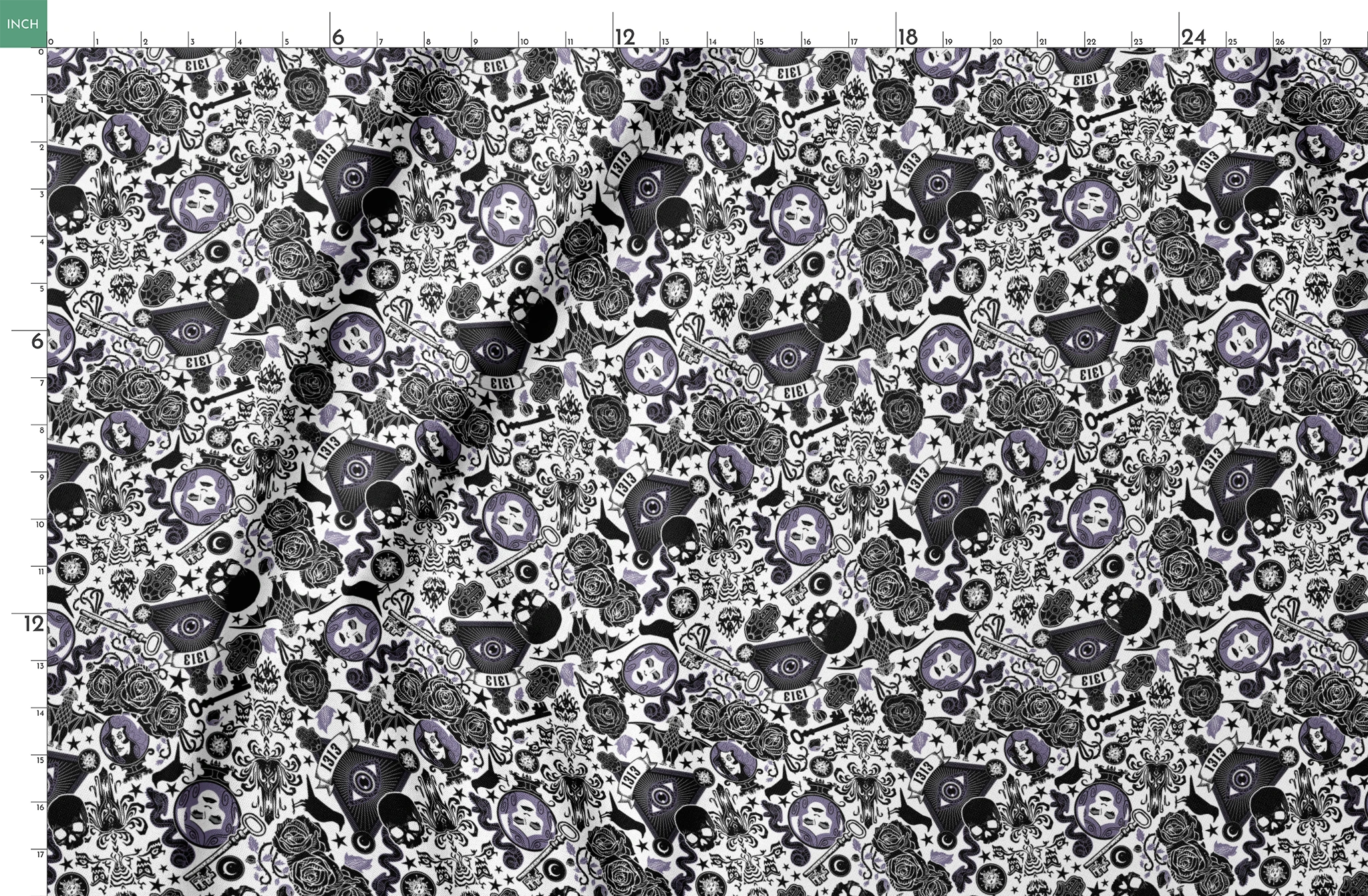 Gothic-inspired pattern with roses, medallions, ravens, and Victorian motifs in black and purple springs fatquarter mockup