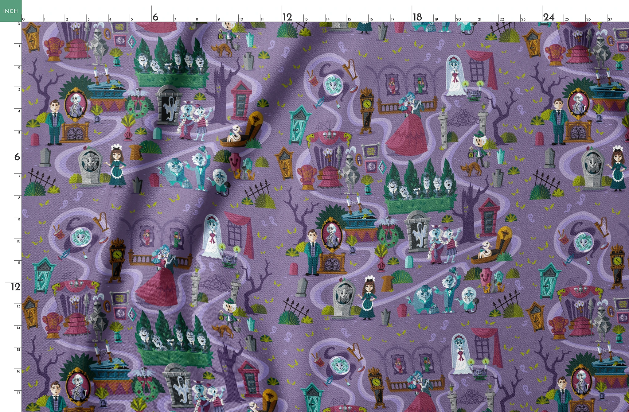 Colorful cartoon map of a spooky Halloween town with purple paths, ghosts, skeletons, and haunted houses. springs fatquarter mockup
