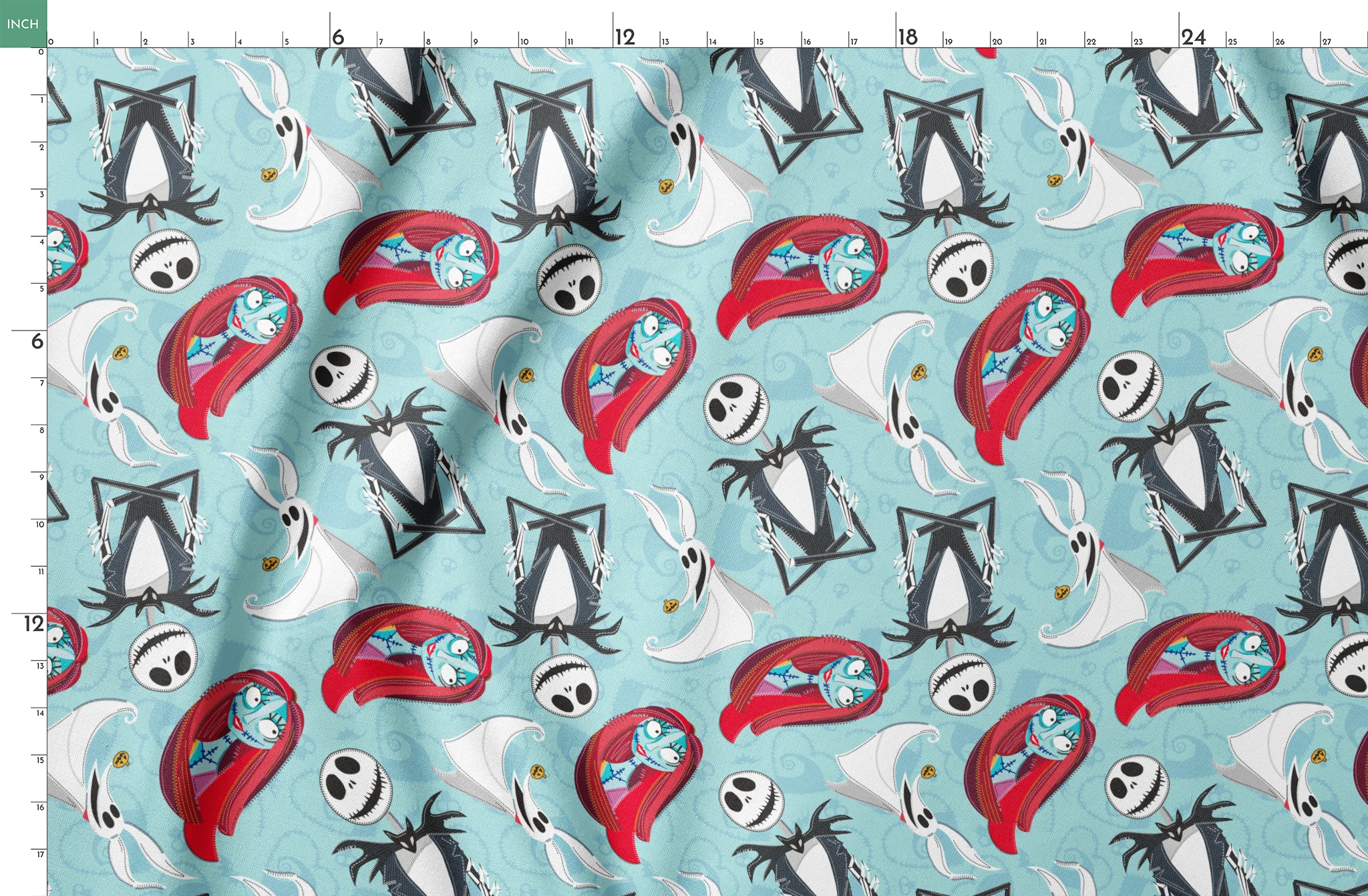 Nightmare Before Christmas pattern with Jack Skellington, Zero ghost dog, and coffin shapes on light blue background springs fatquarter mockup
