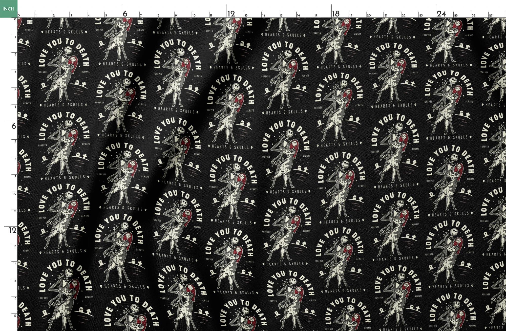 Repeating pattern of skeletal figures holding red hearts with "LOVE YOU TO DEATH" text on black background springs fatquarter mockup