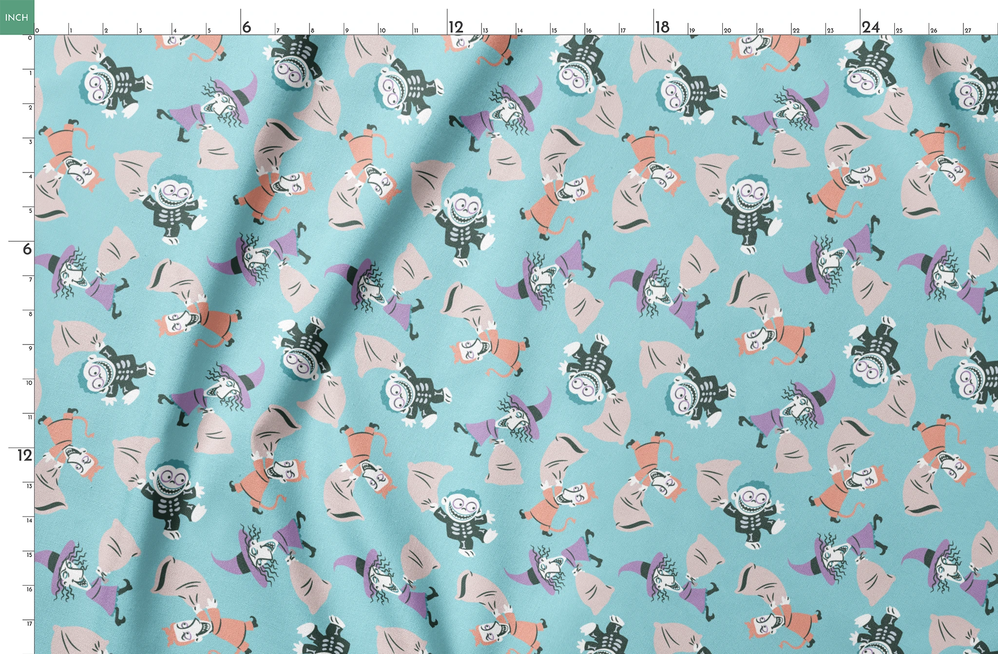 Whimsical pattern of cartoon characters in Halloween costumes on light blue background springs fatquarter mockup