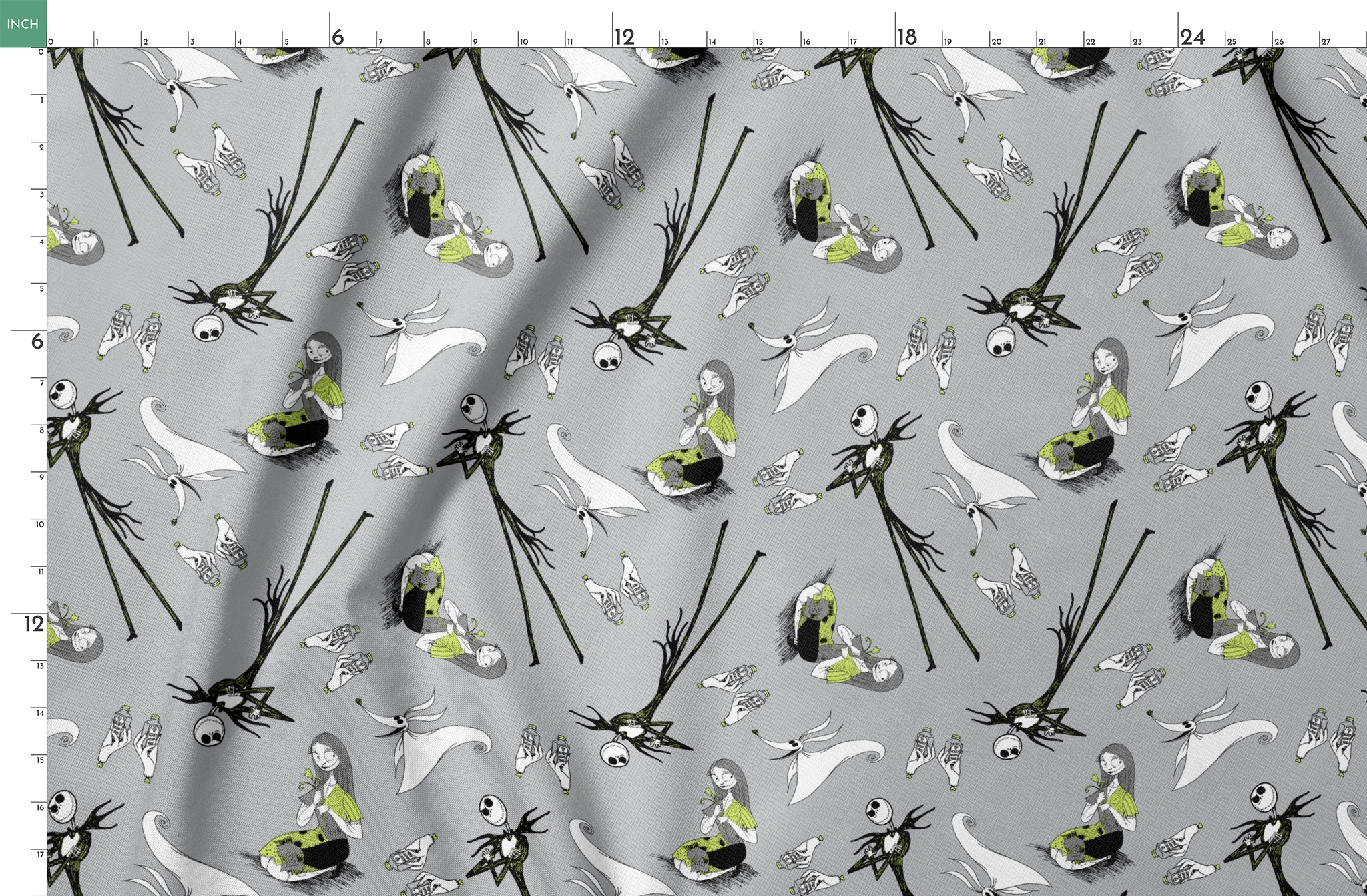 Spooky pattern with stylized ghostly figures, skeletal creatures, and green accents on gray background springs fatquarter mockup