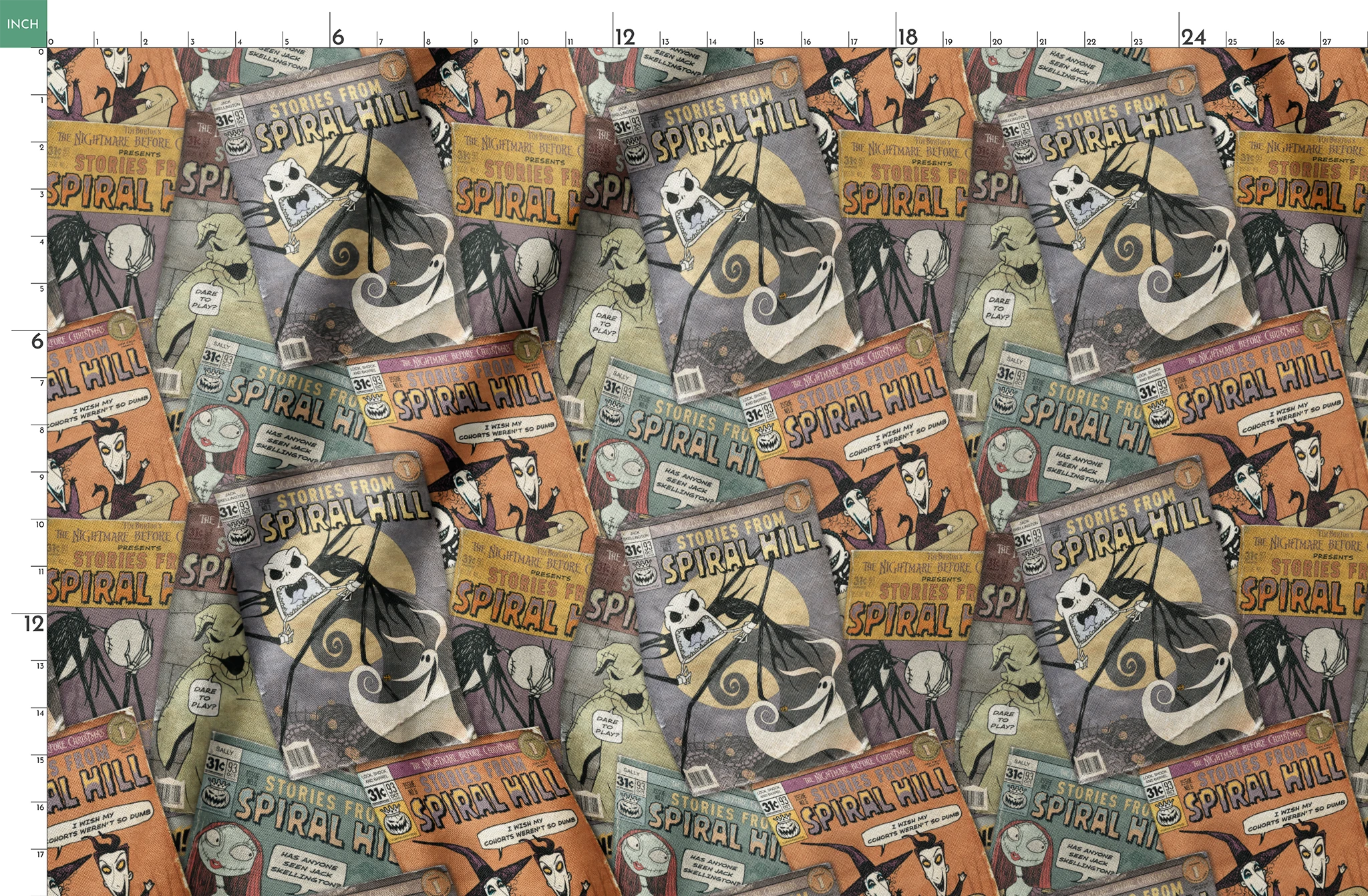 Vintage-style comic books featuring "Stories from Spiral Hill" with spooky skeletal characters on orange and gray covers springs fatquarter mockup