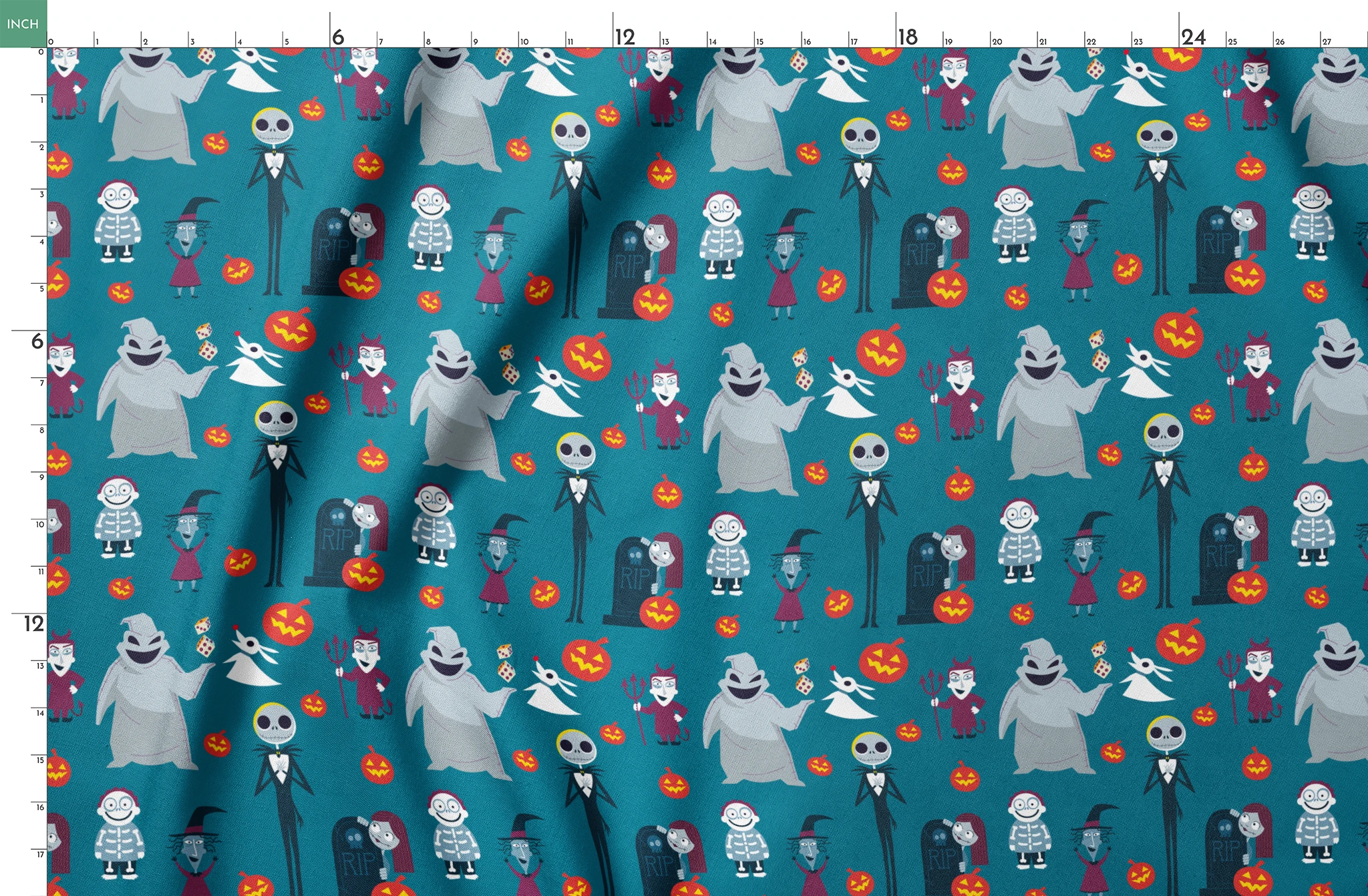 Halloween characters pattern with ghost, skeleton, witch, and pumpkins on teal background in cartoon style springs fatquarter mockup