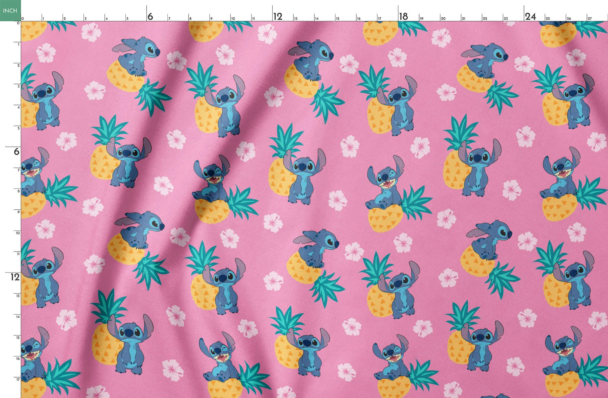 Stitch characters with pineapples and white hibiscus flowers on pink background pattern springs fatquarter mockup