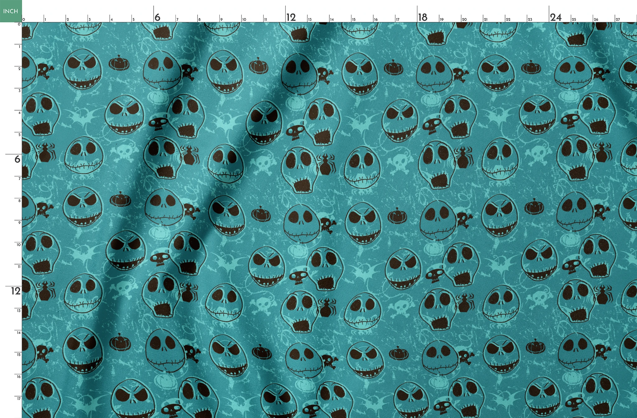 Teal pattern of cartoon skull faces with different expressions, Halloween elements like pumpkins and spiders springs fatquarter mockup