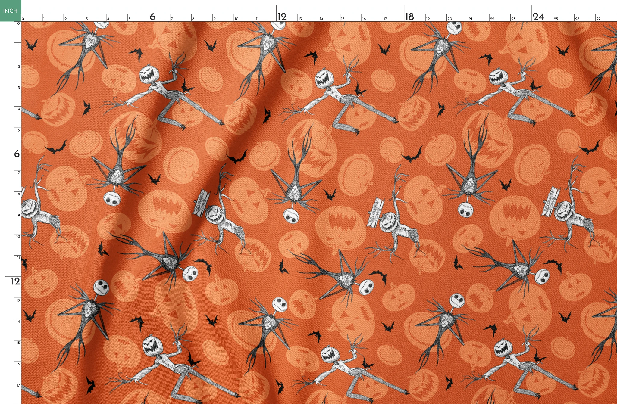 Nightmare Before Christmas pattern with Jack Skellington, bats, and jack-o'-lantern silhouettes on orange background springs fatquarter mockup