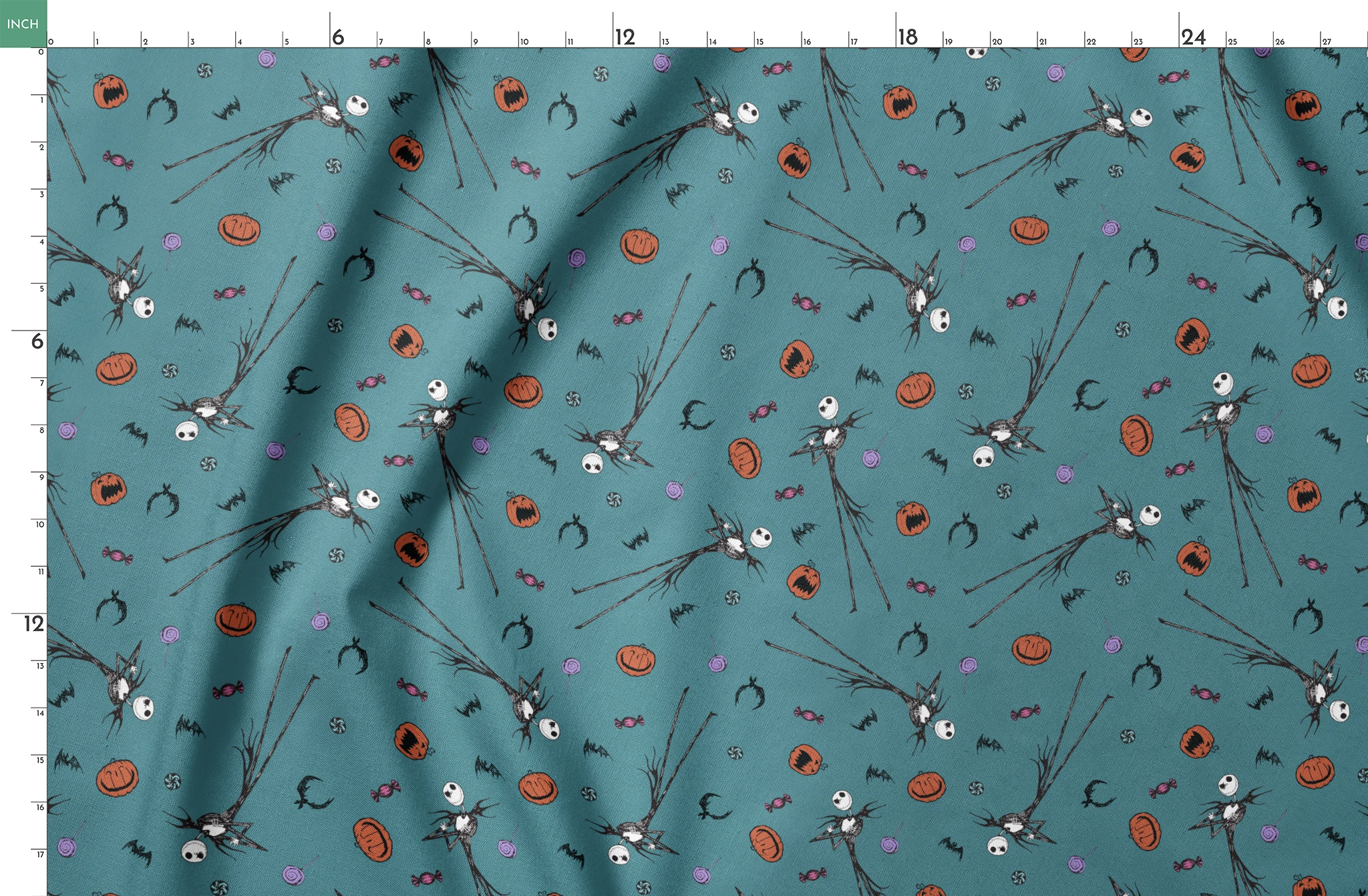Halloween pattern with witch brooms, pumpkins, bats, candy, and creepy eyes on teal background springs fatquarter mockup