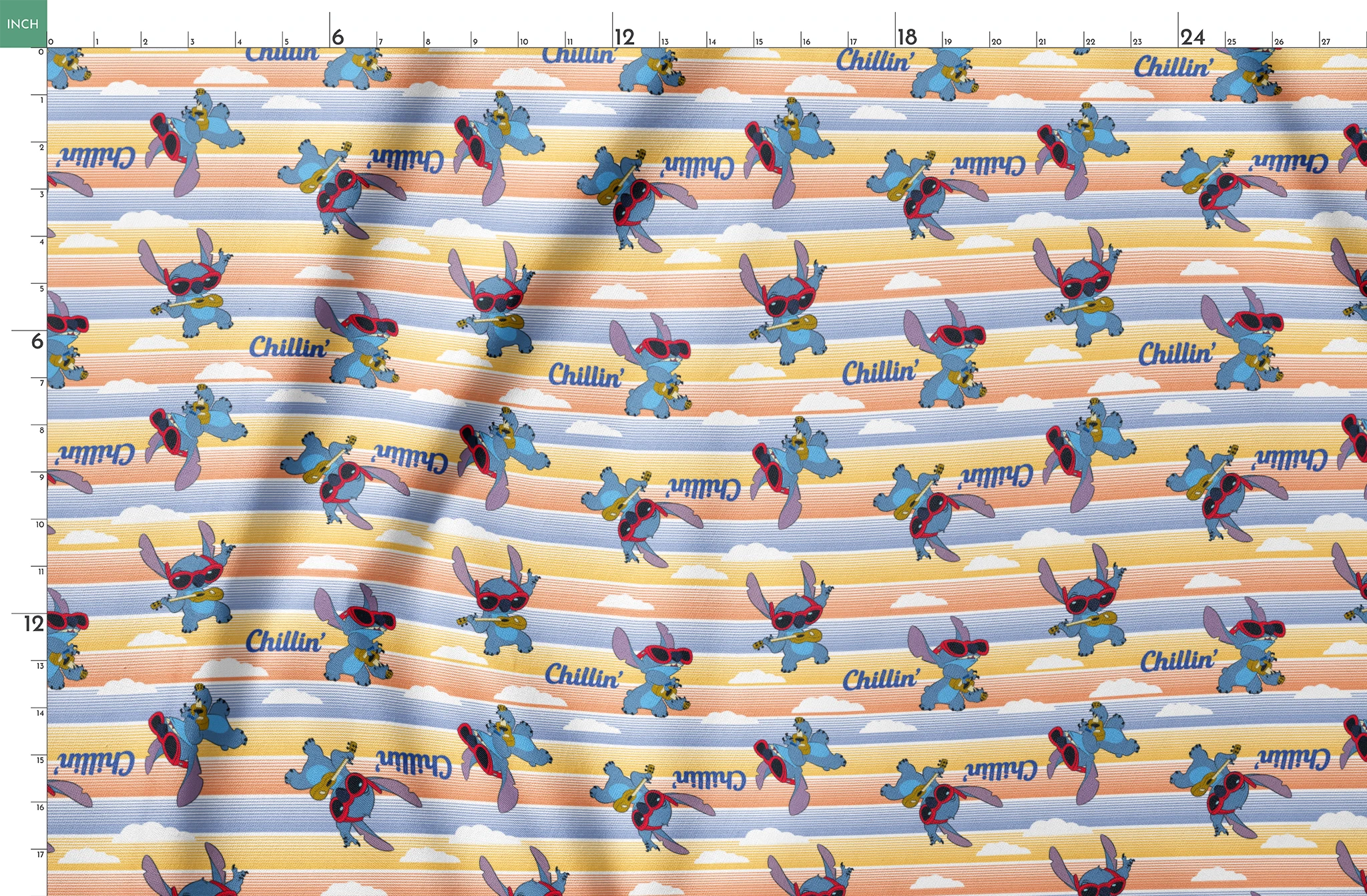 Stitch cartoon character pattern on striped yellow and blue background with "Chillin'" text springs fatquarter mockup