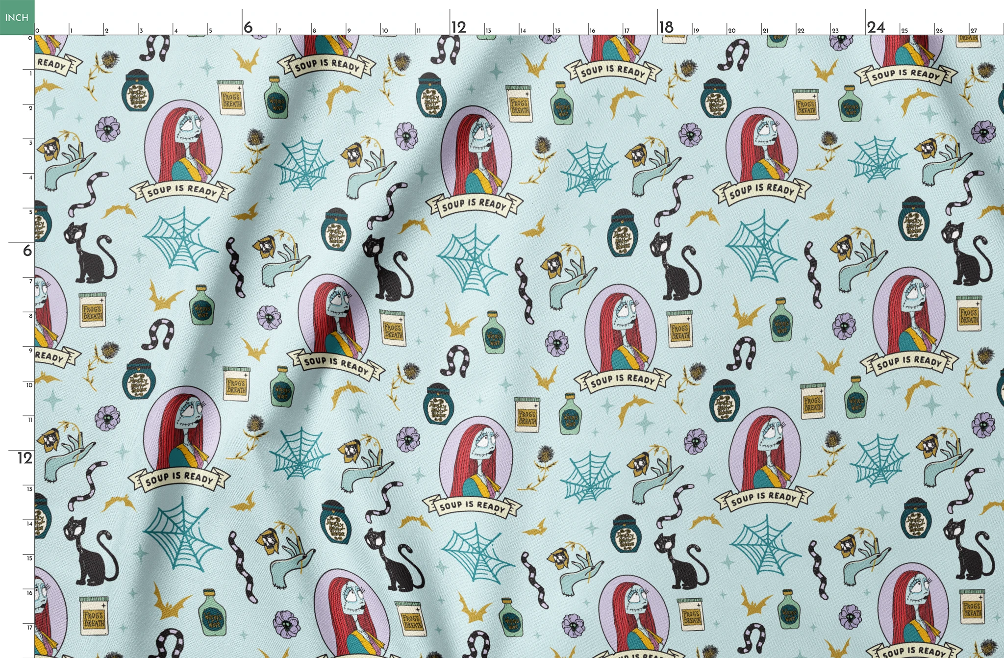 Whimsical pattern with skeletal figure in oval frame, black cats, spiderwebs, potion bottles, and "Soup is Ready" banners on light blue background. springs fatquarter mockup