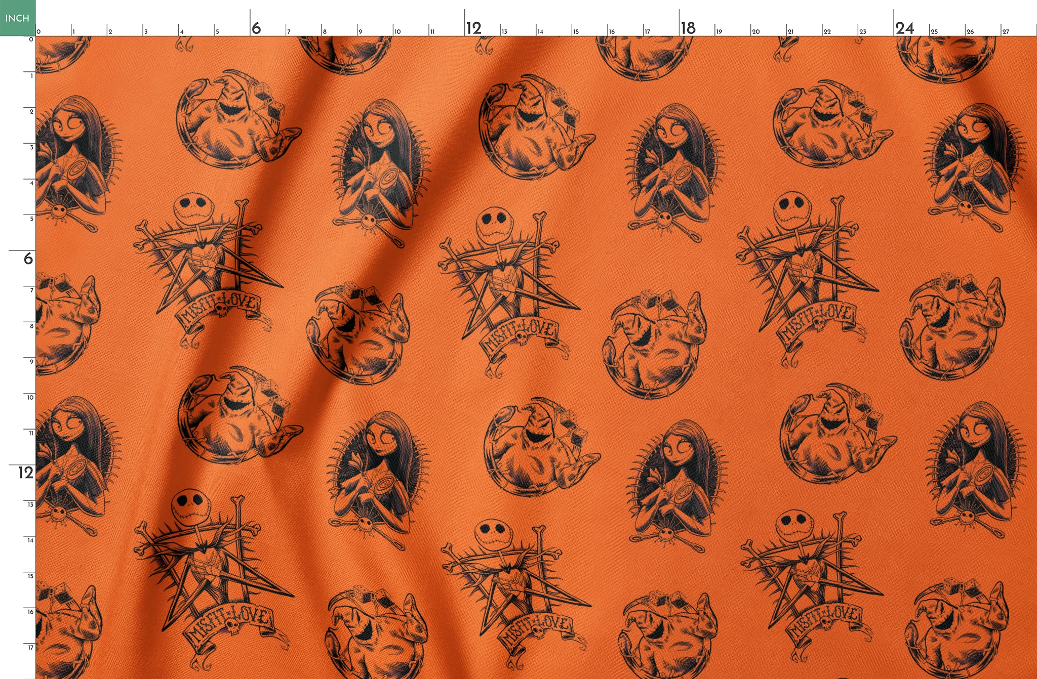 Halloween-themed pattern with spooky characters including Jack Skellington on bright orange background springs fatquarter mockup