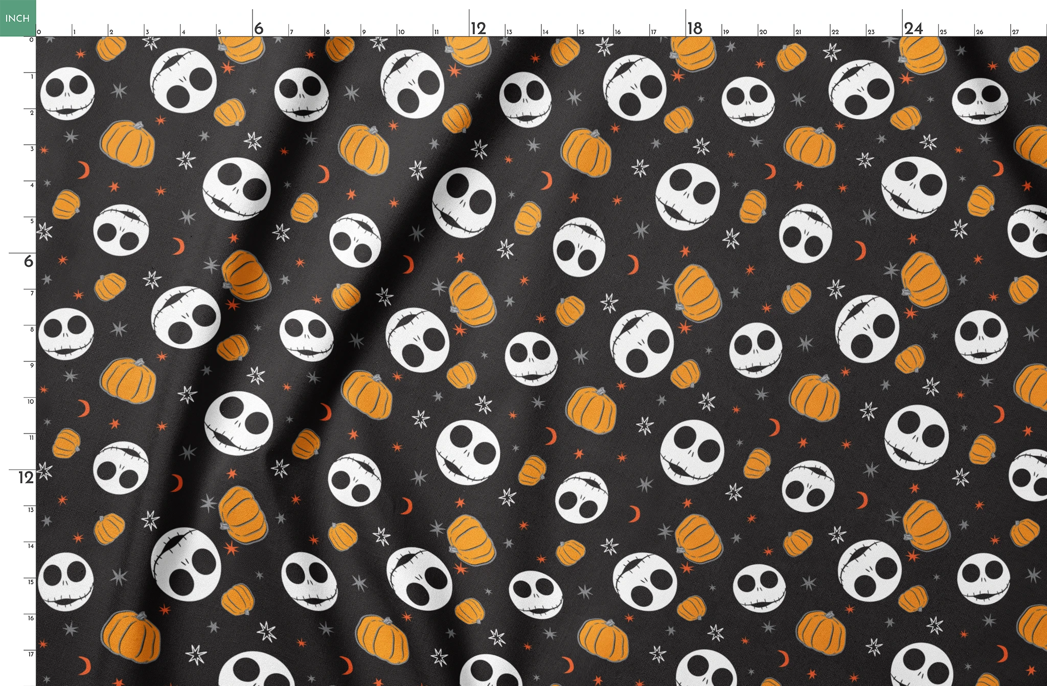 Halloween pattern with Nightmare Before Christmas characters, orange pumpkins, stars and crescent moons on black background springs fatquarter mockup
