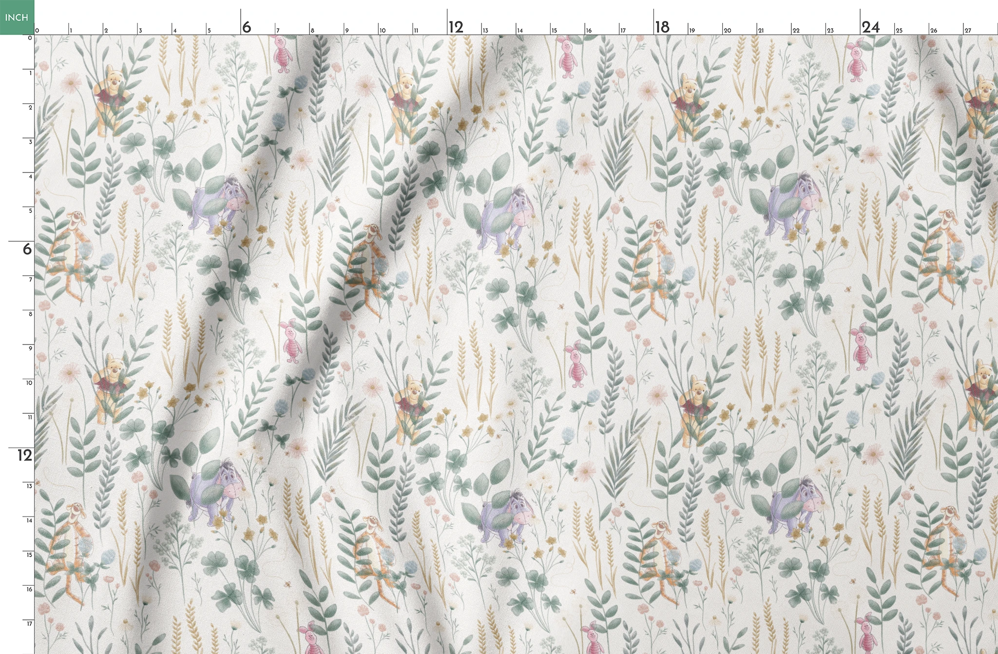 Whimsical botanical pattern with colorful teddy bears and creatures among green plants and flowers springs fatquarter mockup