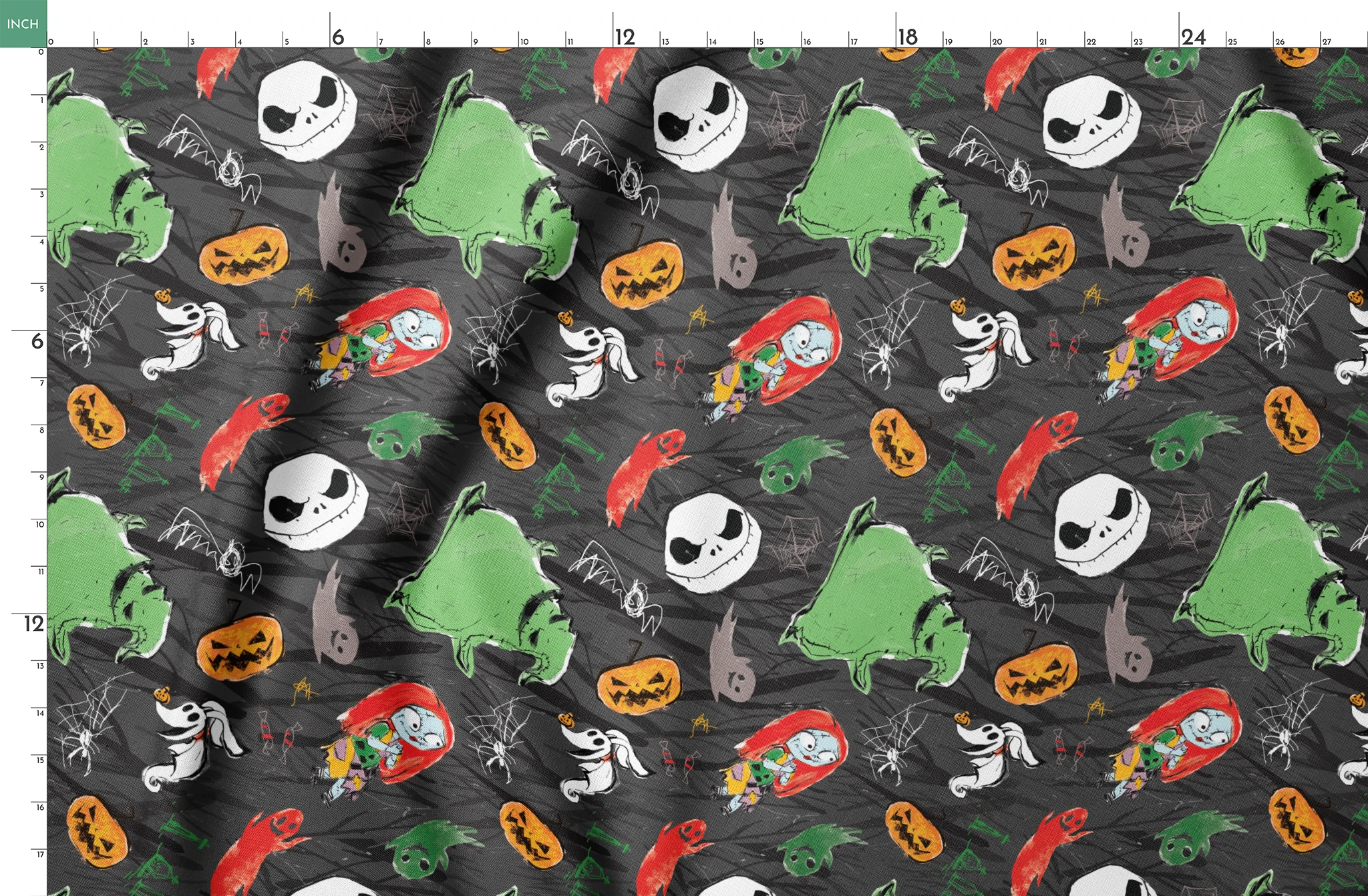 Nightmare Before Christmas pattern with Jack's face, green ghosts, orange pumpkins, spiders, and white ghosts on dark gray background springs fatquarter mockup