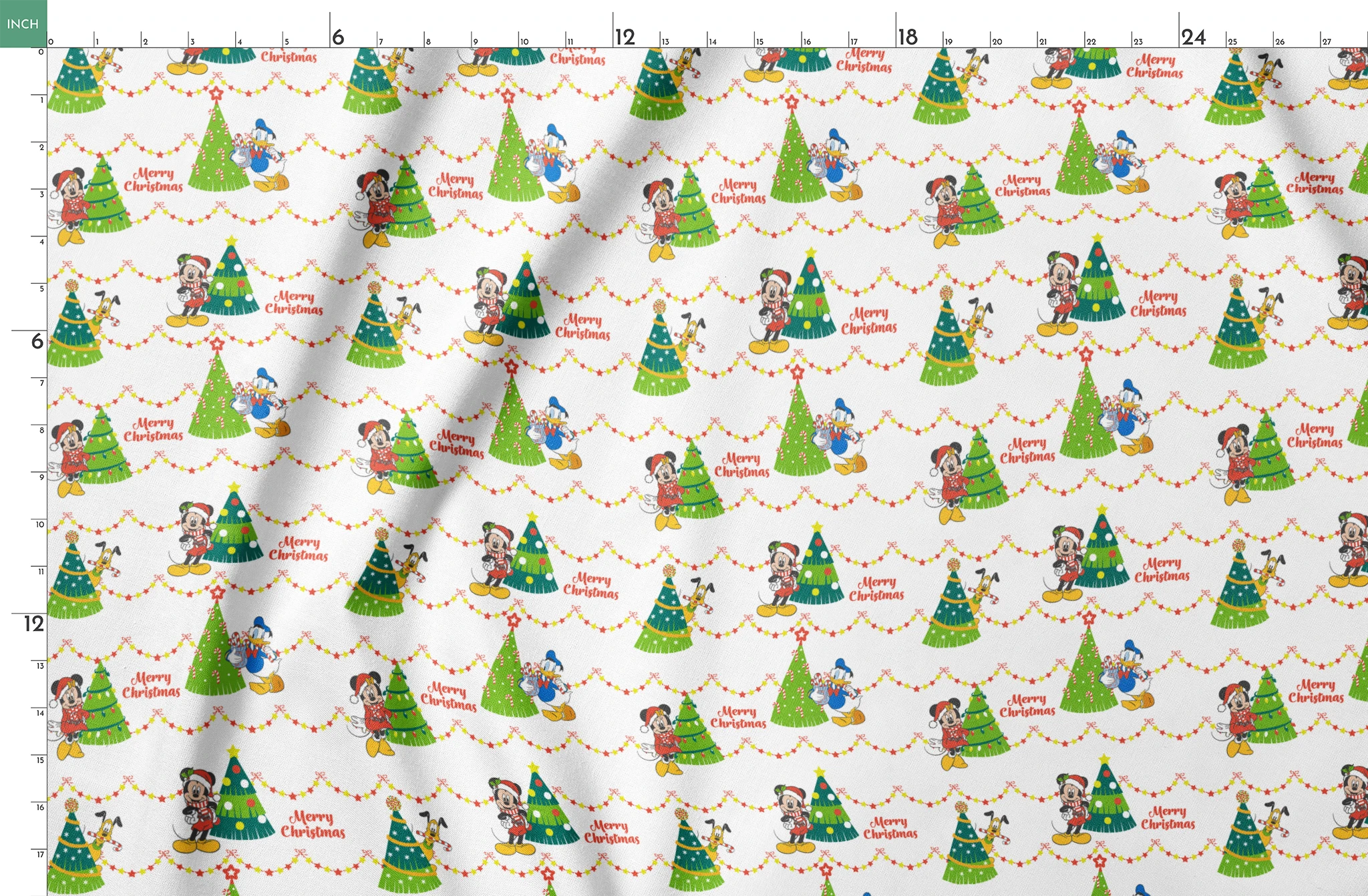 Disney Christmas pattern with Mickey, Minnie, and Donald beside decorated trees with star garland borders springs fatquarter mockup