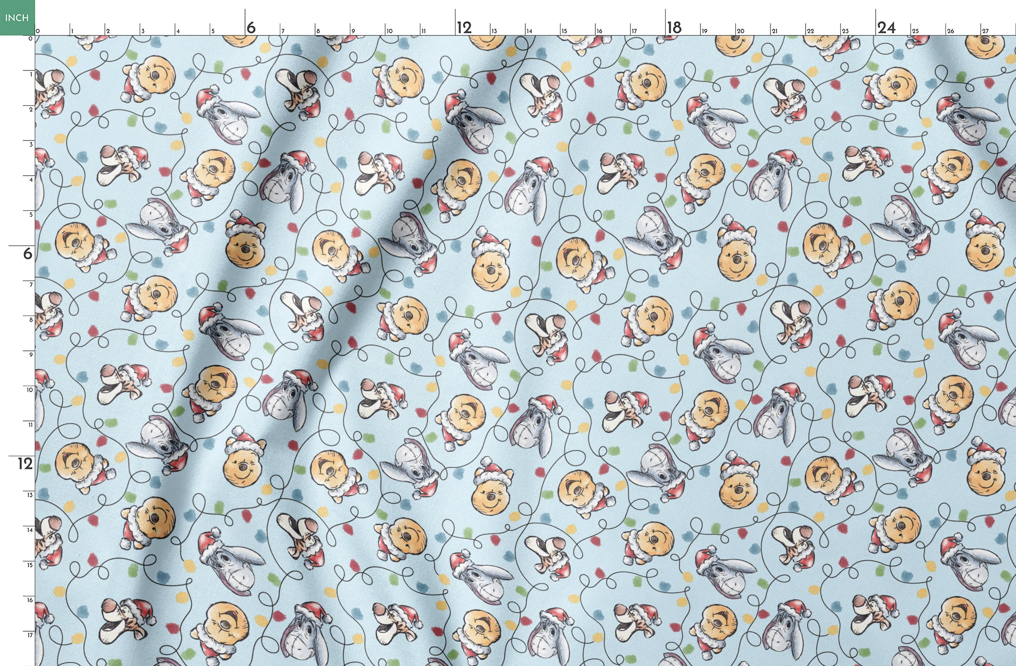 Winnie the Pooh Christmas pattern with Pooh bear, Eeyore, and Tigger in Santa hats on blue background springs fatquarter mockup