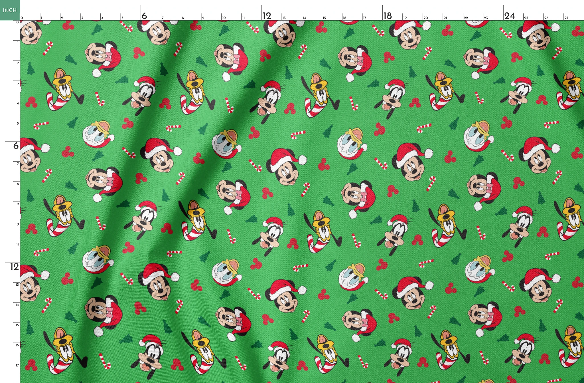 Disney Mickey Mouse characters in Santa hats on green background with candy canes and Christmas trees springs fatquarter mockup