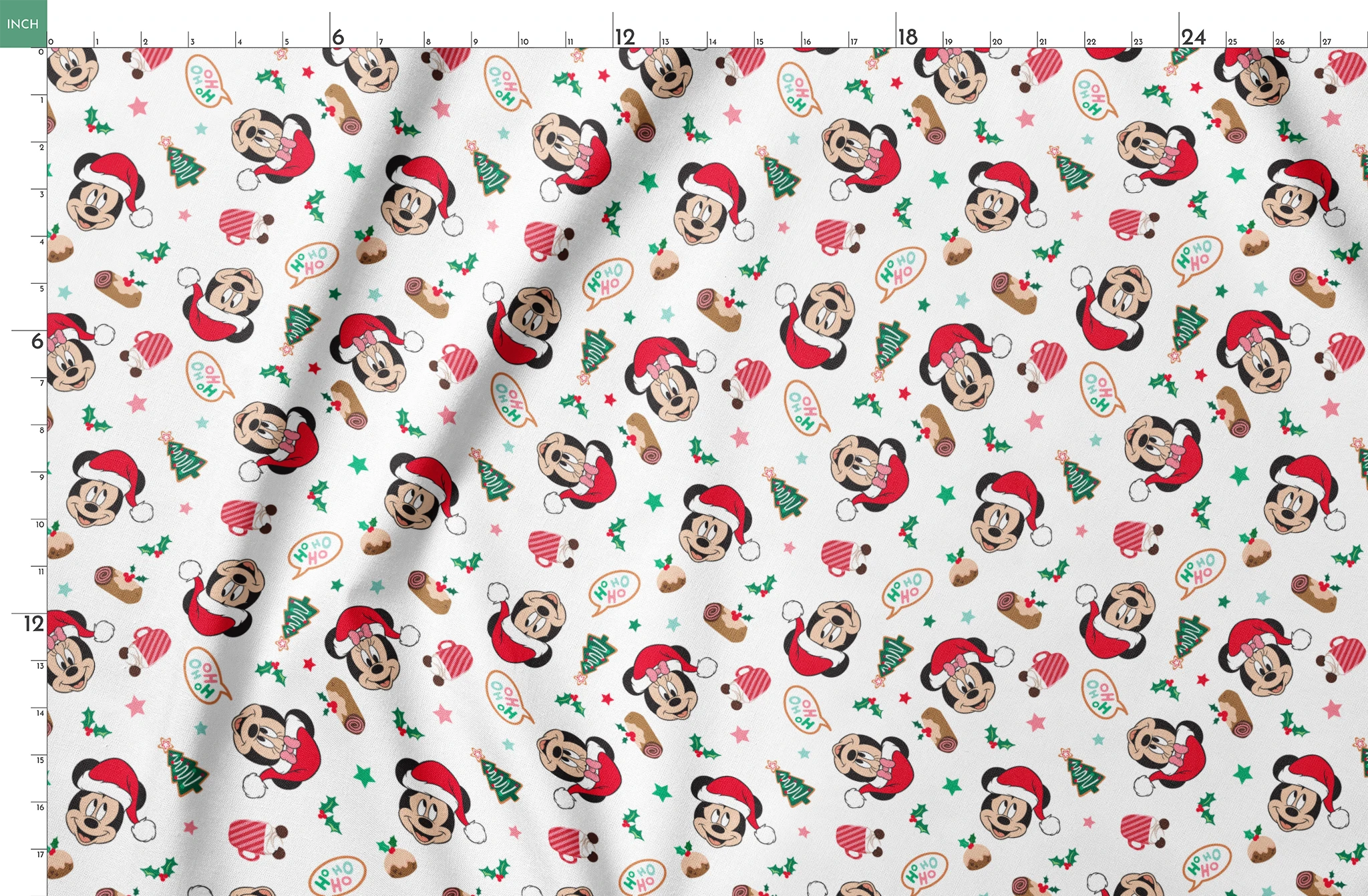 Mickey Mouse Christmas pattern with Santa hats, holly, speech bubbles, and festive decorations on white background springs fatquarter mockup