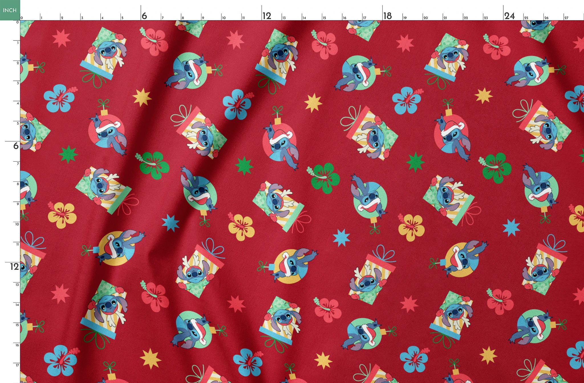Disney Stitch pattern on red background with flowers and decorative elements springs fatquarter mockup