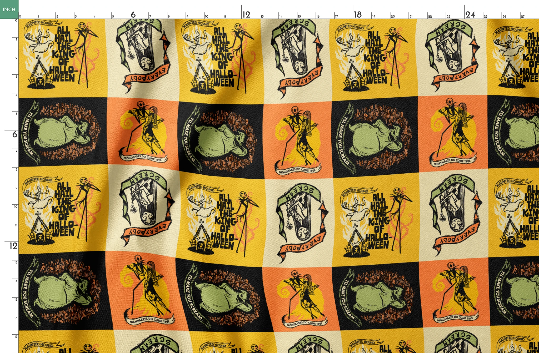Four stylized Nightmare Before Christmas illustrations in a grid with yellow, green, and orange backgrounds featuring  a haunted house and gothic imagery. springs fatquarter mockup