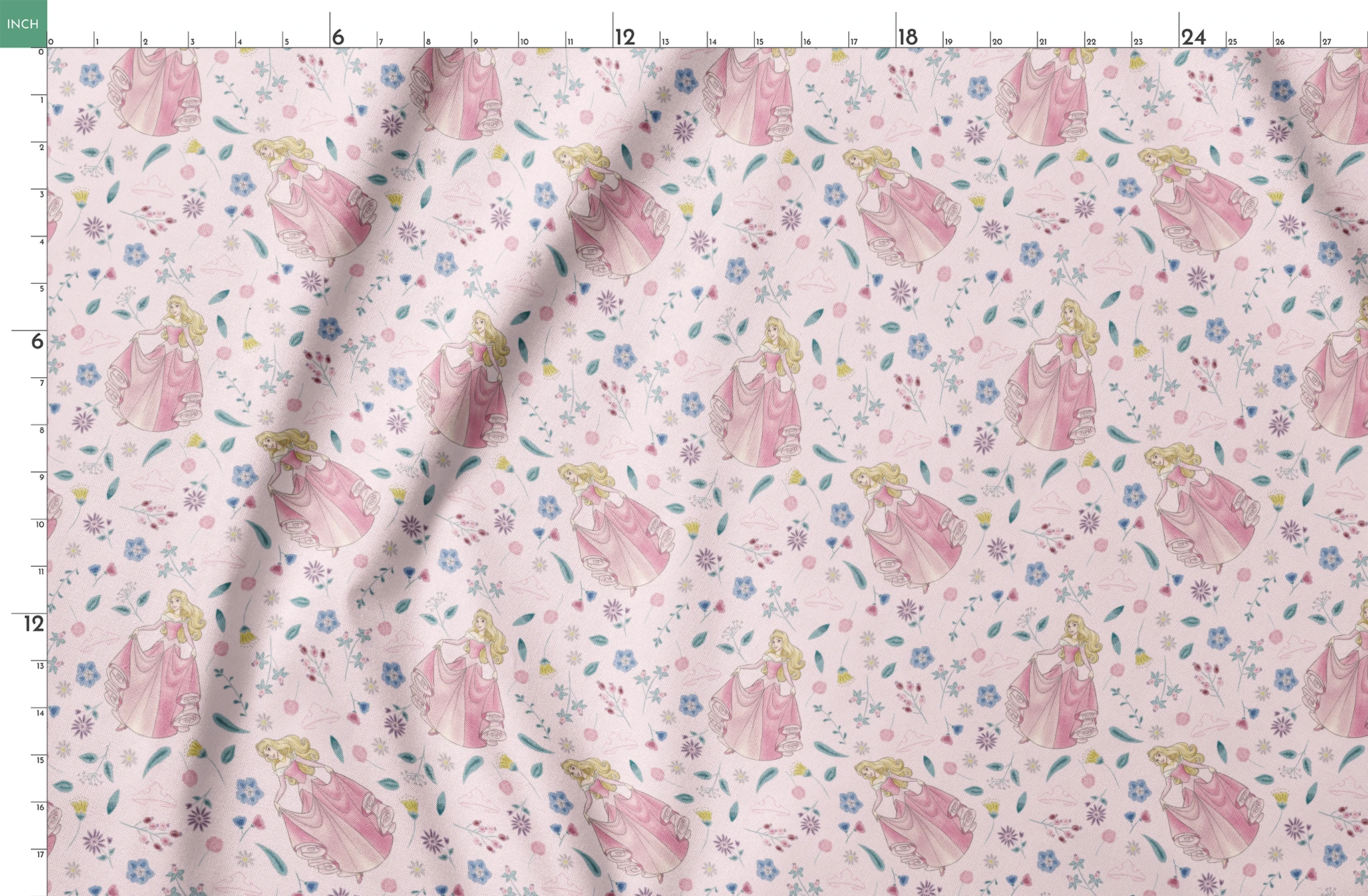 Disney's Sleeping Beauty surrounded by scattered flowers and leaves on light pink background springs fatquarter mockup