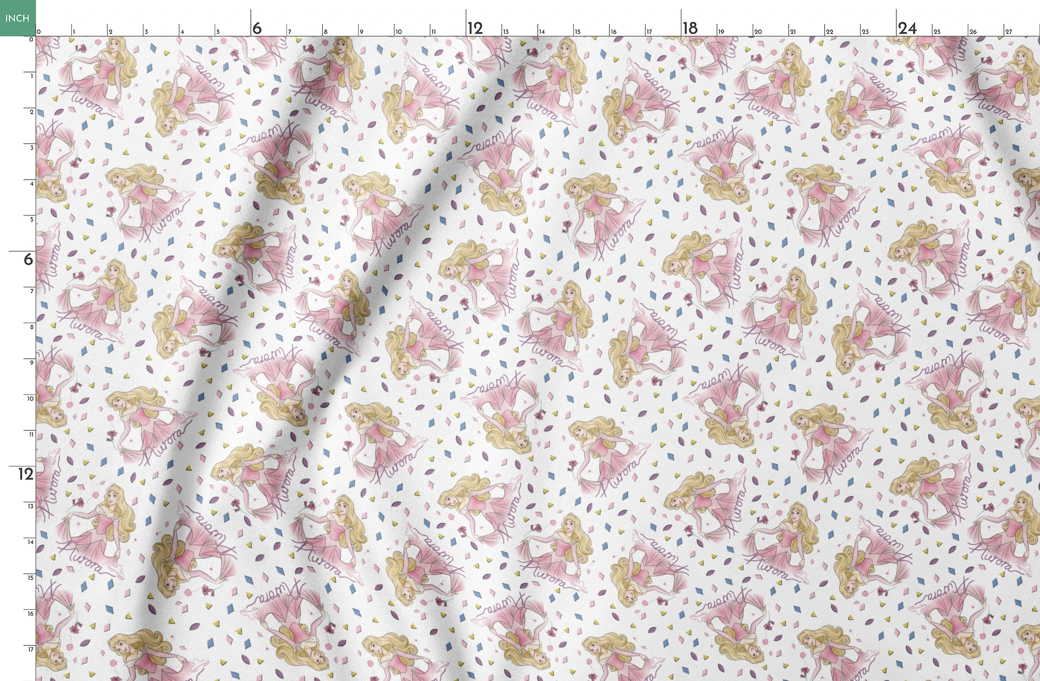 Pattern of Sleeping Beauty, surrounded by colorful diamond shapes on white background springs fatquarter mockup