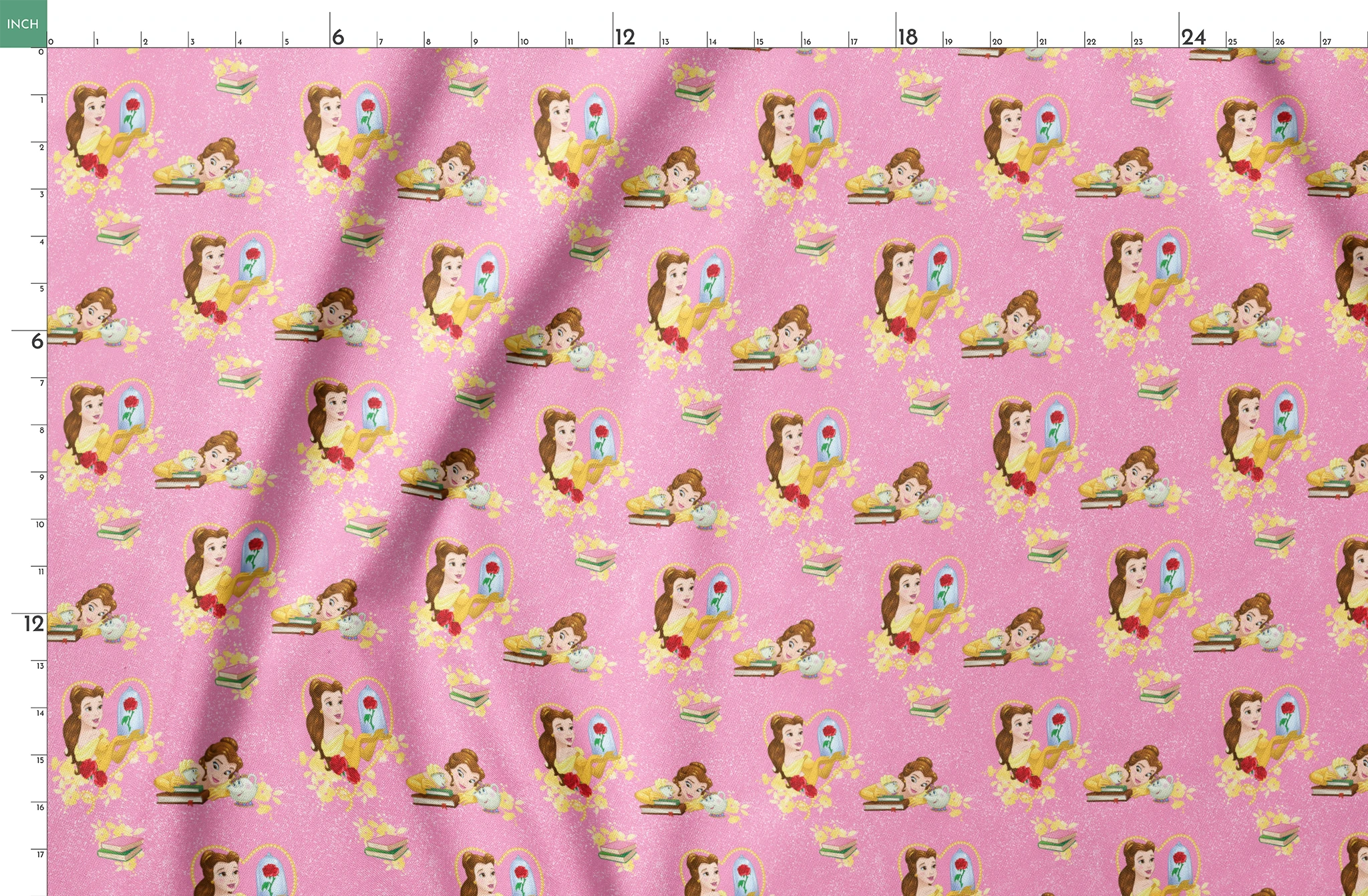 Repeating pattern of Disney's Belle character with enchanted rose and books on pink sparkly background springs fatquarter mockup