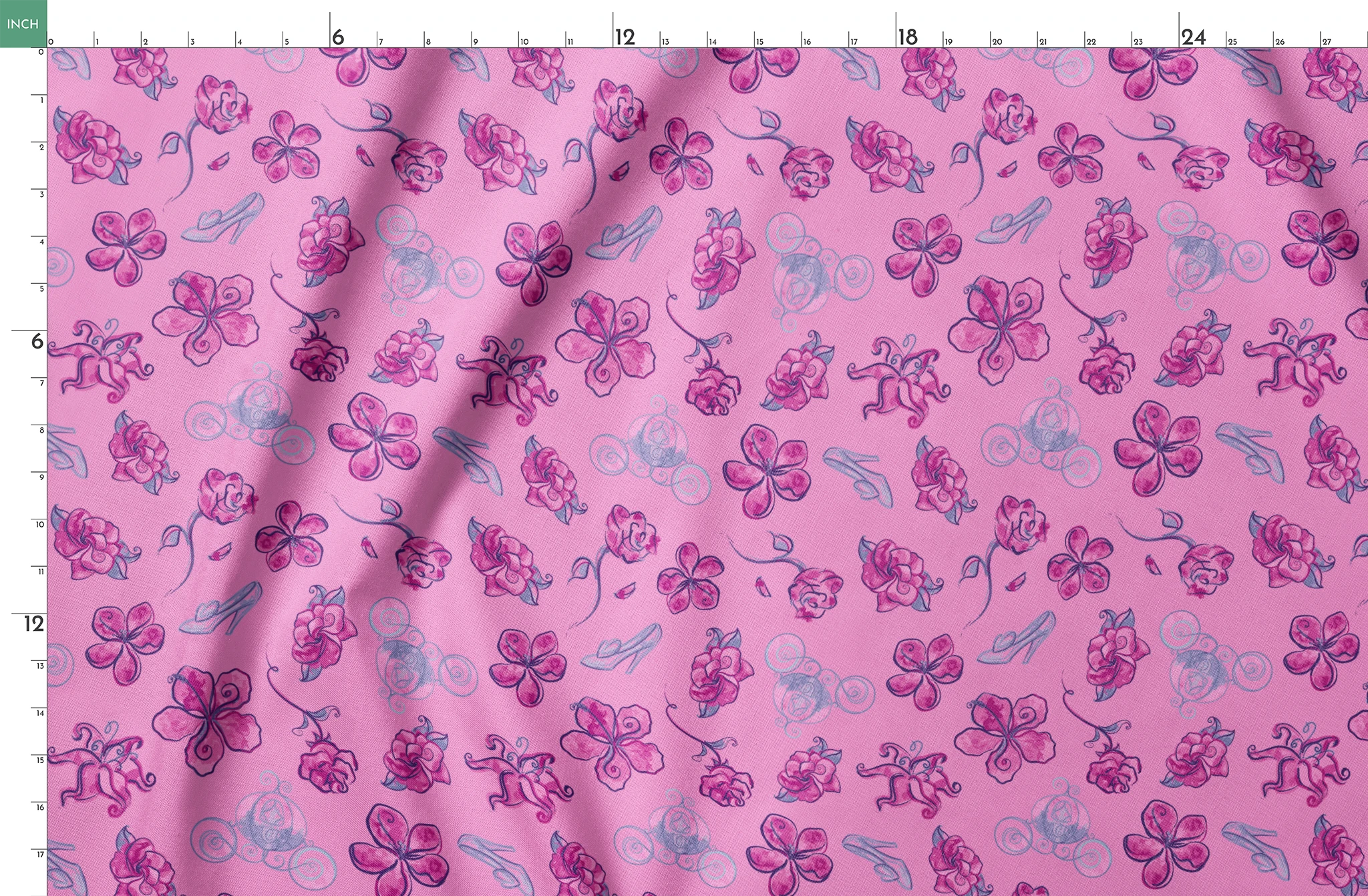 Whimsical Cinderella pattern of purple flowers, roses, and glass slipper outlines on pink background springs fatquarter mockup