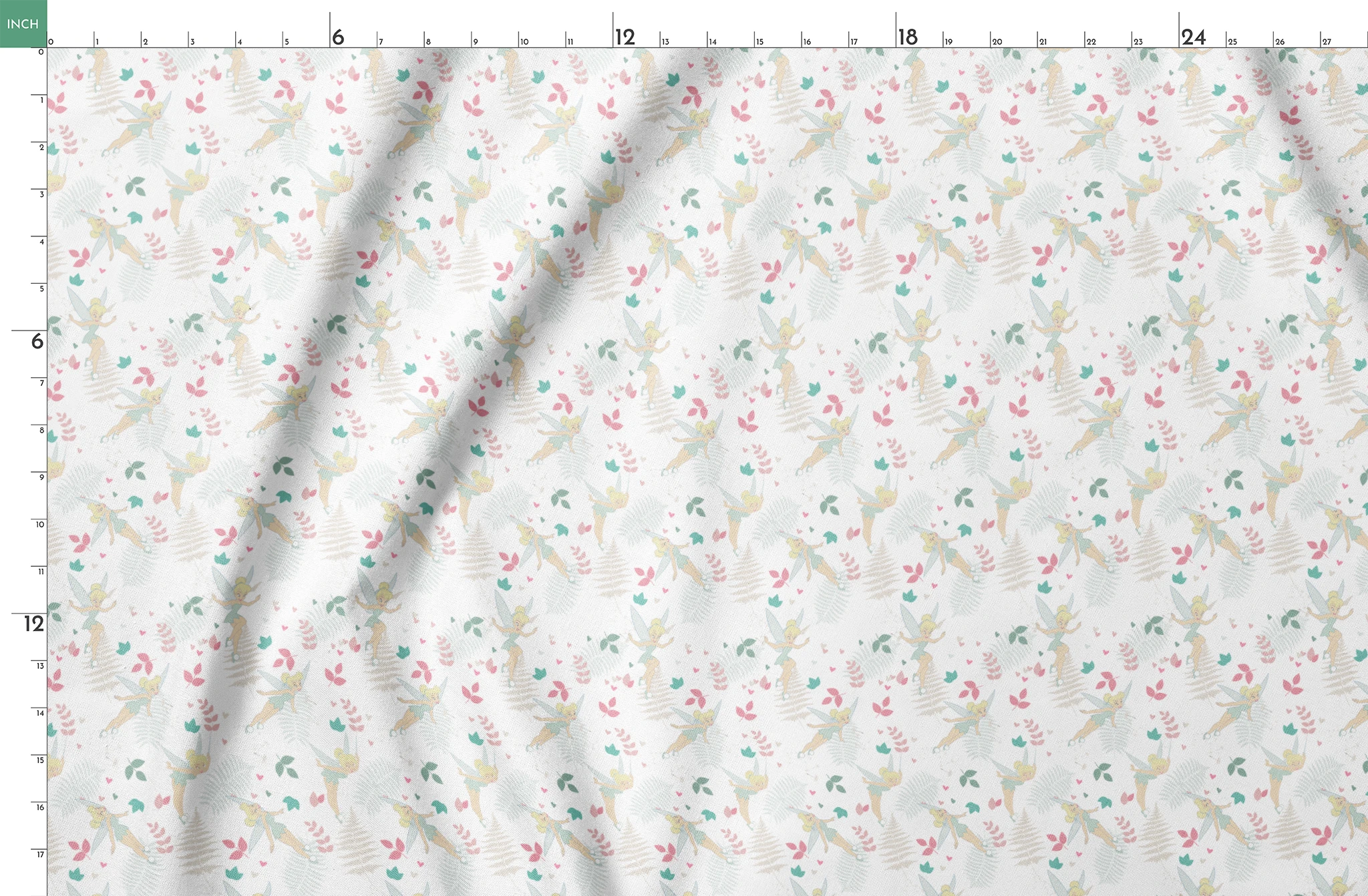 Whimsical pattern with Tinker Bell, white ferns, pink and teal foliage on light background springs fatquarter mockup