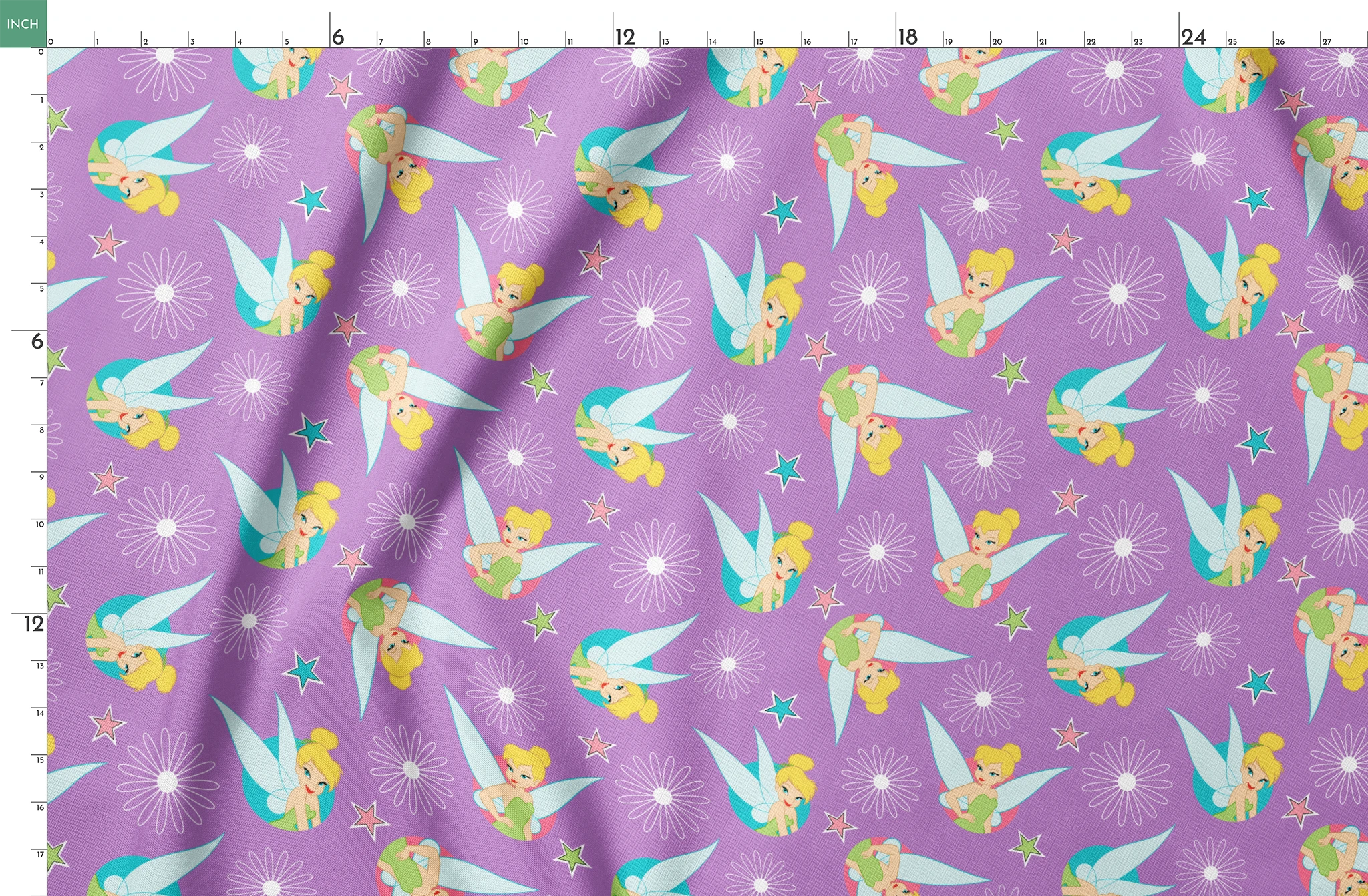 Tinker Bell on a purple background with white daisy flowers and colorful stars. springs fatquarter mockup