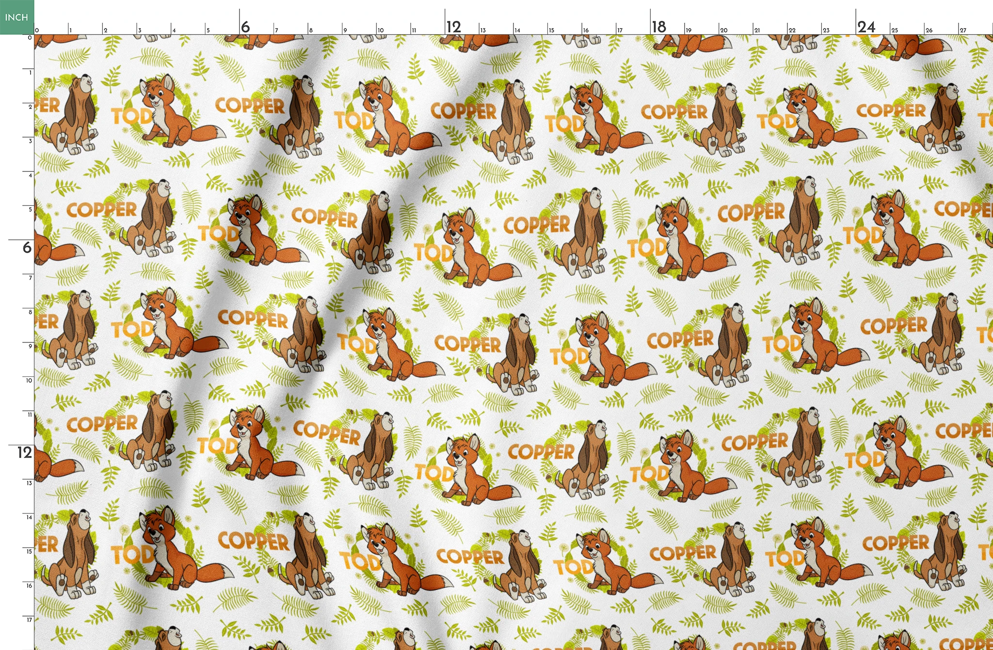 Fox and the Hound pattern with name "COPPER" and green fern background design springs fatquarter mockup