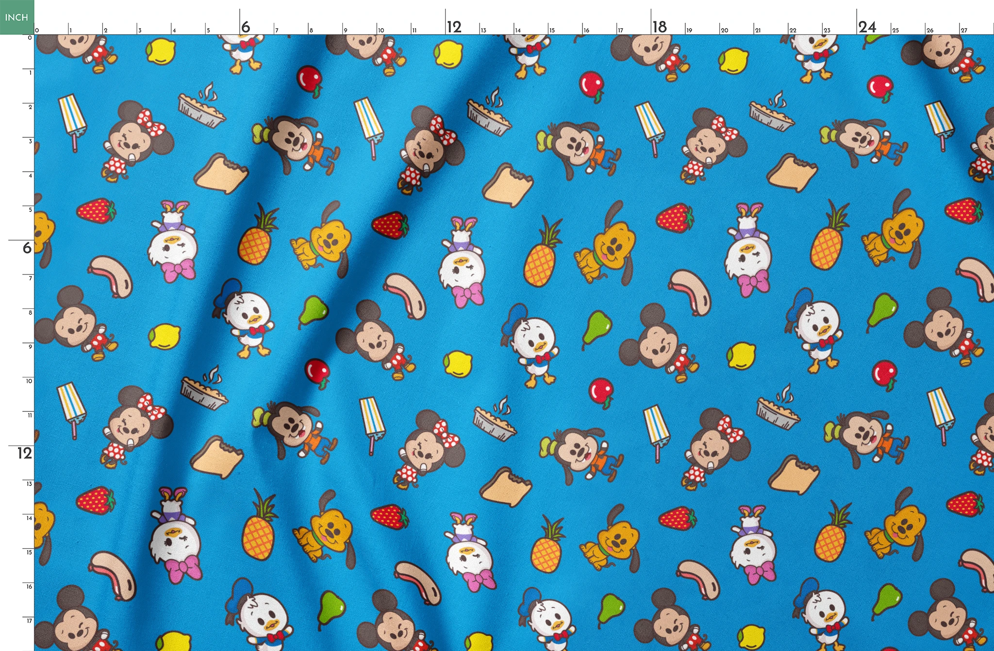 Mickey, friends, and food items pattern on blue background, featuring Mickey, Minnie, Donald, and fruit icons springs fatquarter mockup