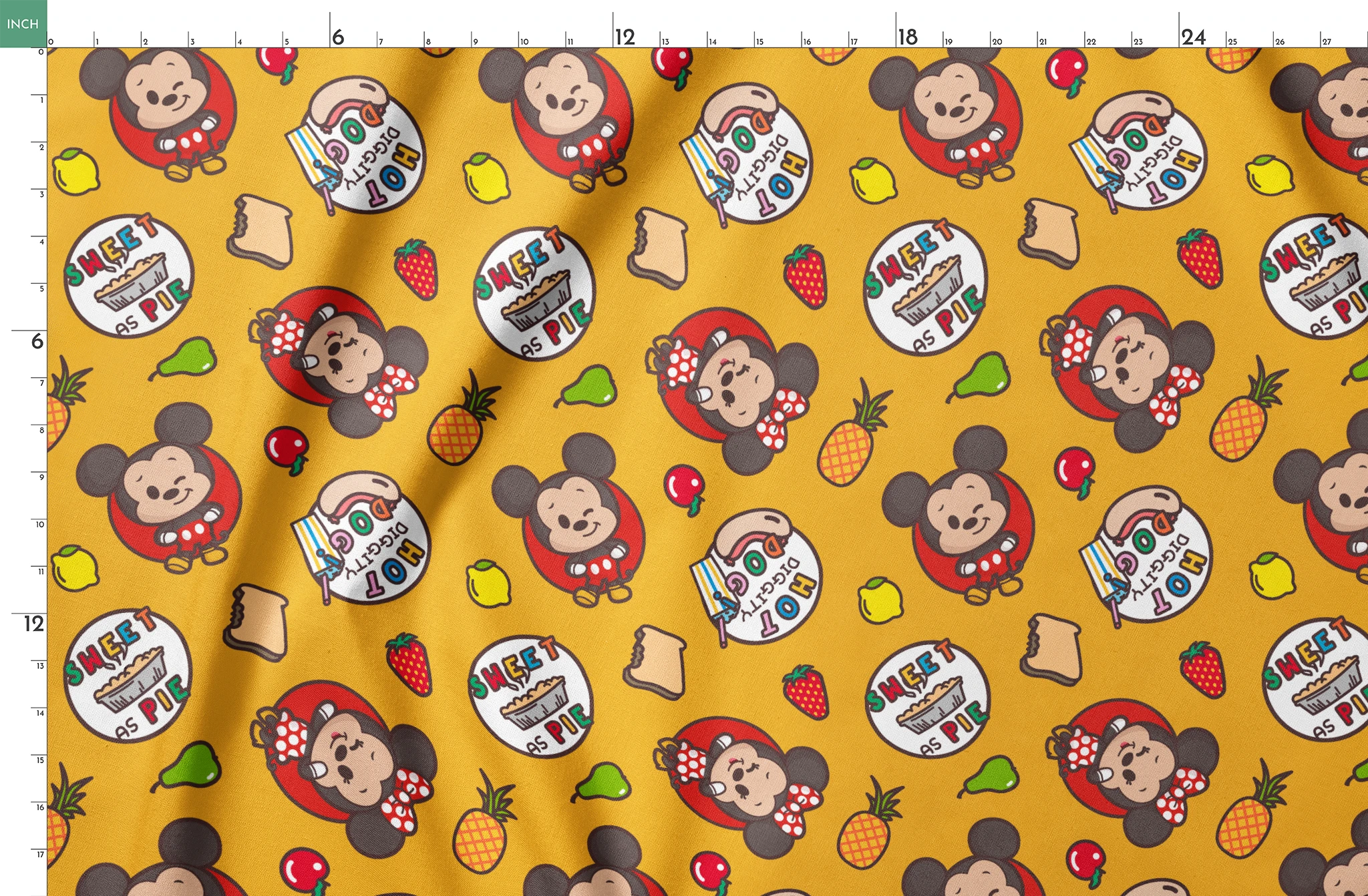 Mickey & Minnie Mouse with round badges on yellow background with fruit icons and toast patterns springs fatquarter mockup