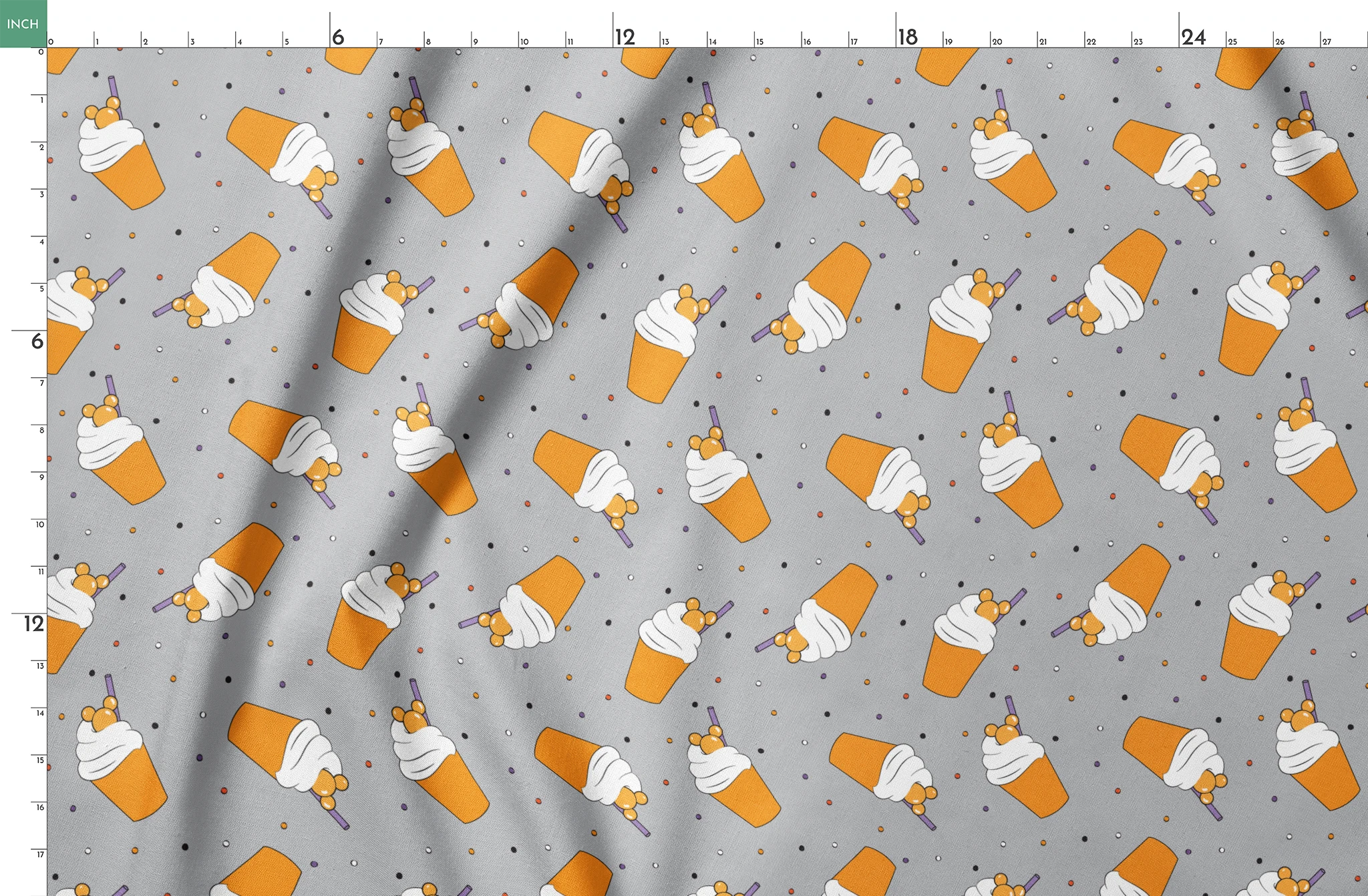Orange Disney-inspired drinks with whipped cream and purple straws on gray background with colorful dots springs fatquarter mockup