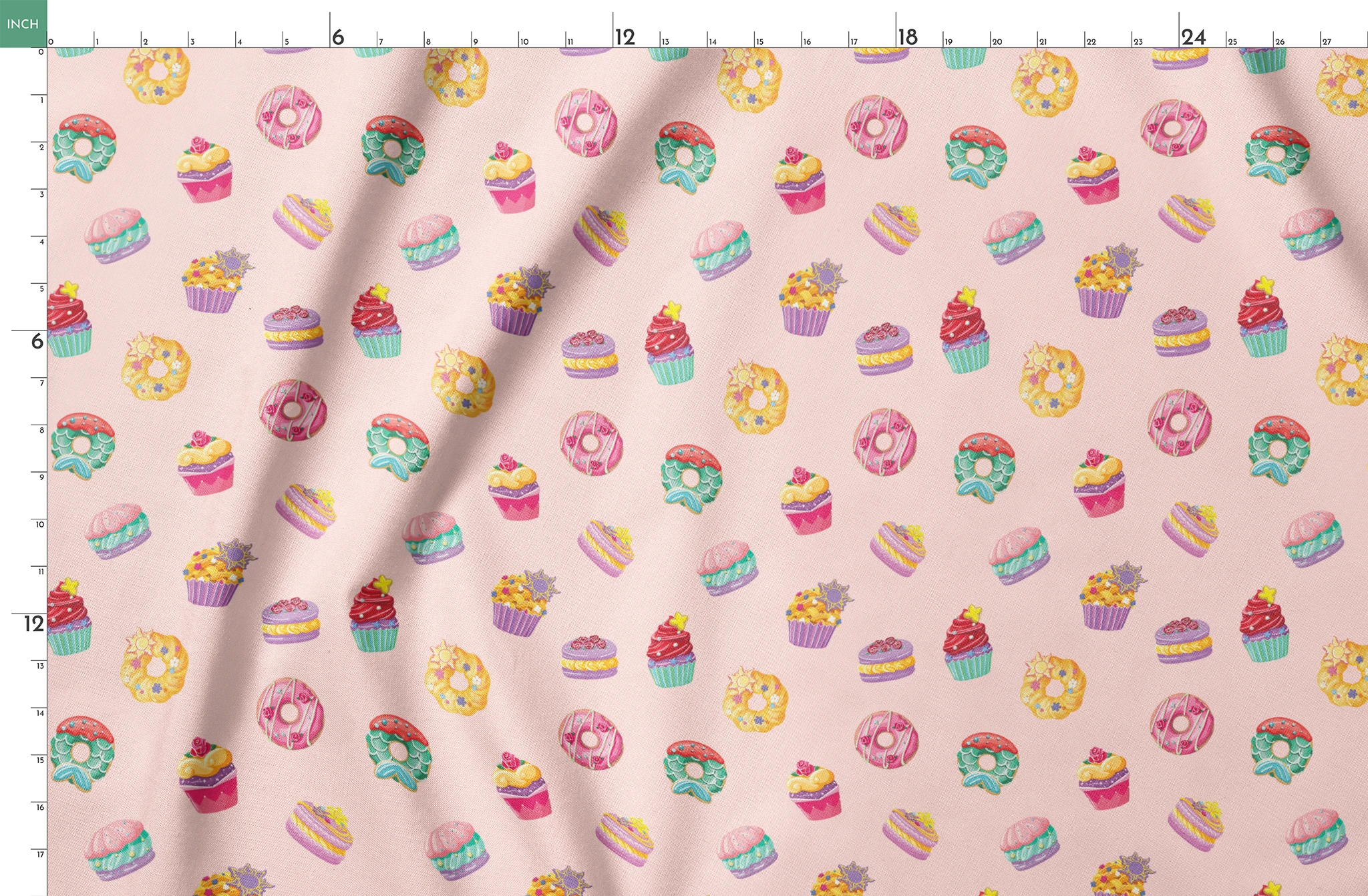 DIsney Princess-inspired dessert pattern with donuts, cupcakes, and macarons on a light pink background springs fatquarter mockup