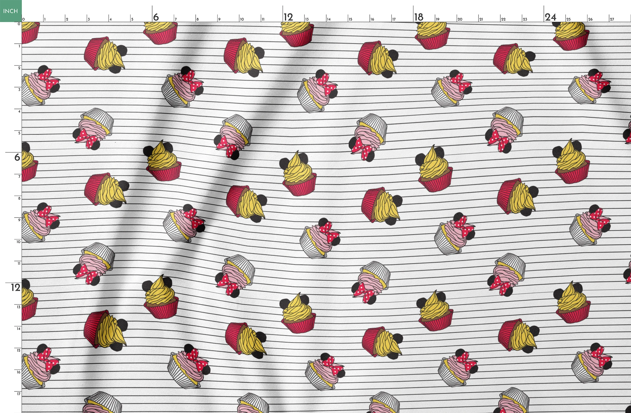 Colorful cartoon cupcakes with Mickey Mouse ears and bows scattered on striped background springs fatquarter mockup