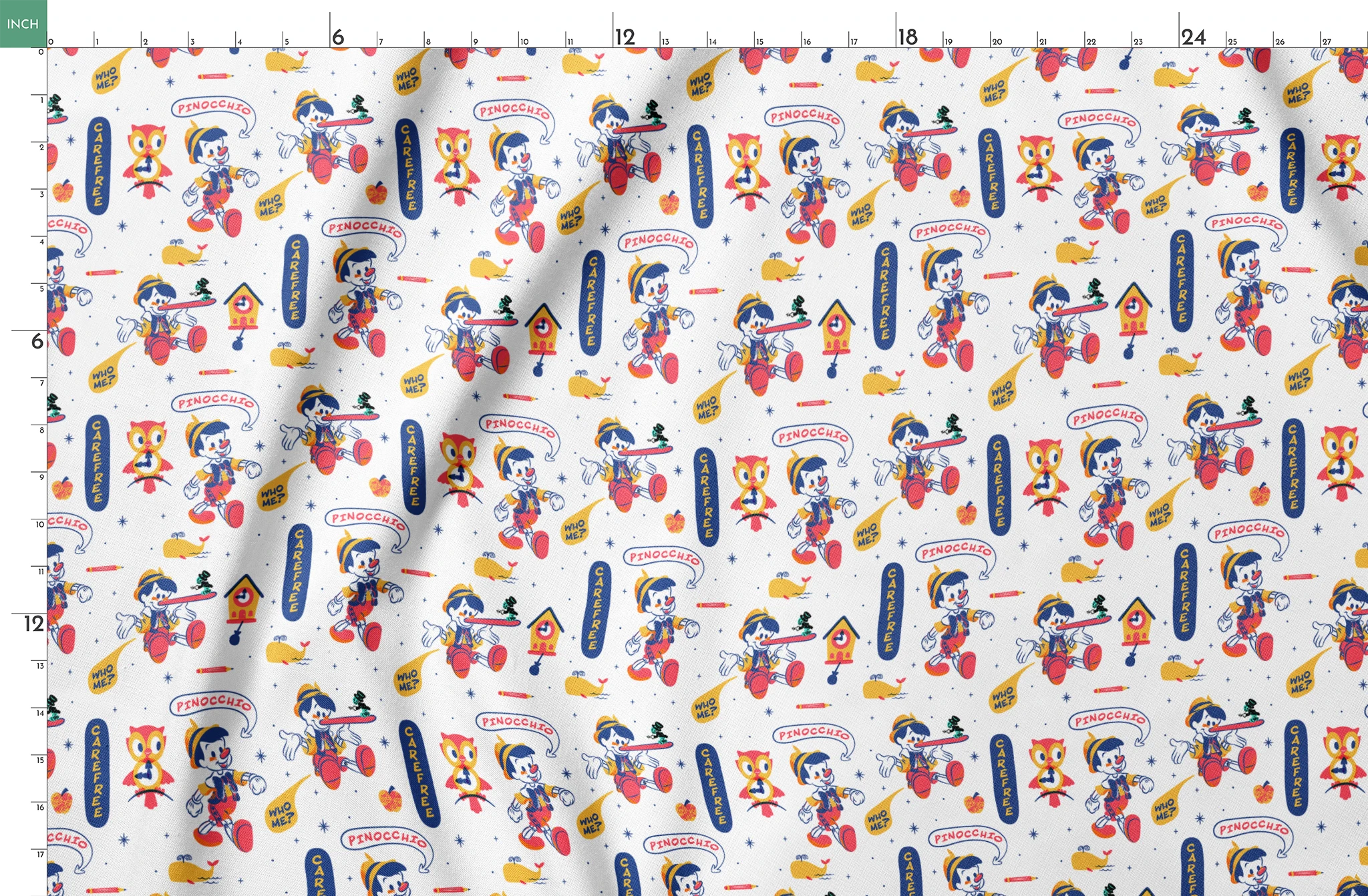 Colorful cartoon pattern featuring Pinocchio characters, whales, and text elements on white background springs fatquarter mockup
