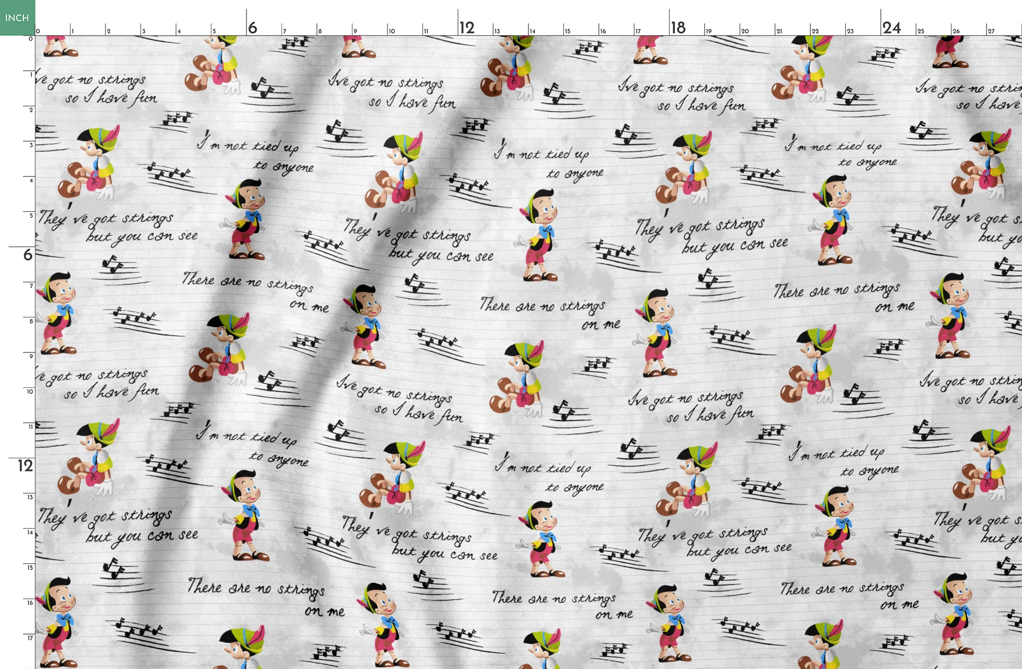 Cartoon characters on a light gray background with musical notes and phrases about strings springs fatquarter mockup